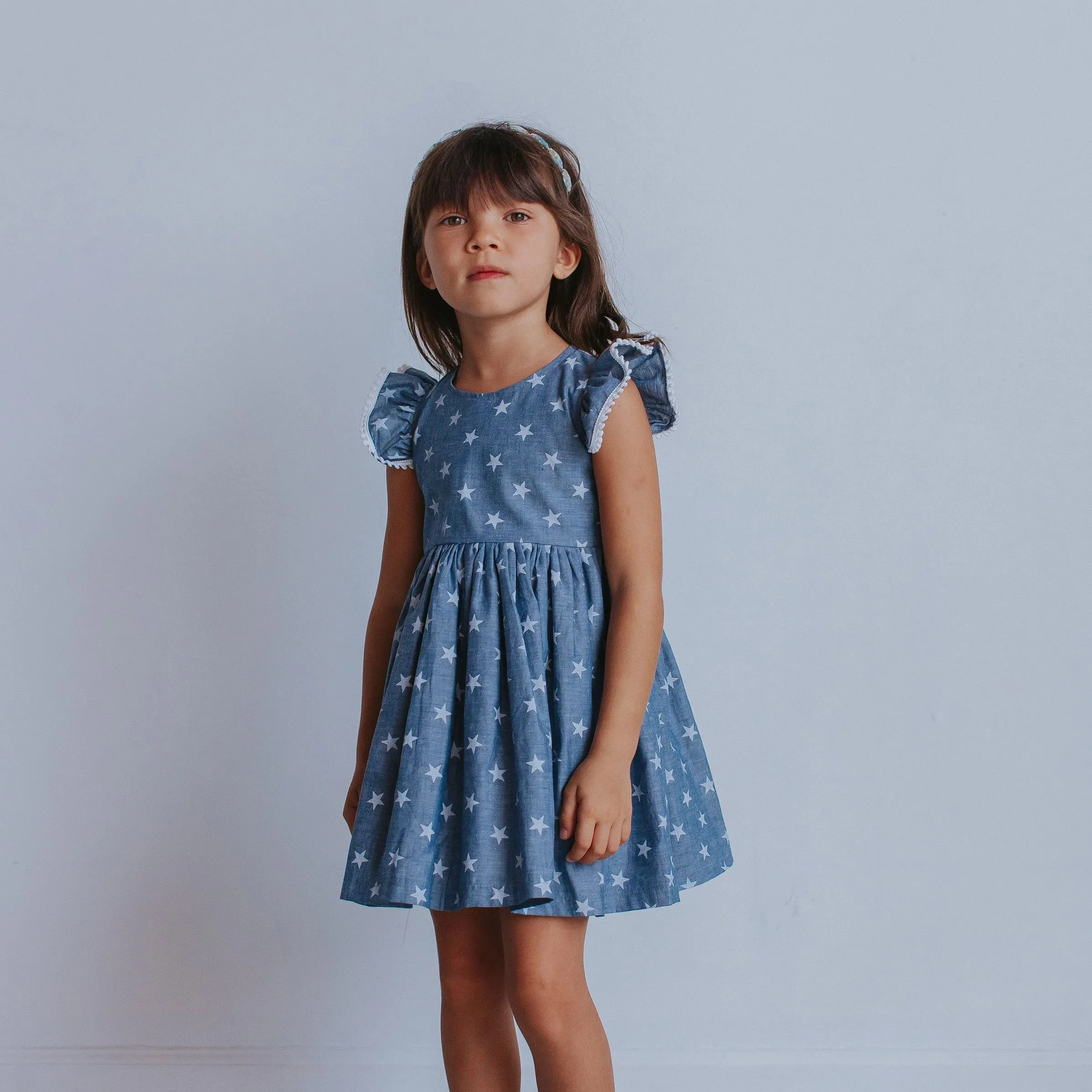 Little Girl's Chambray Star Print Cutout Dress