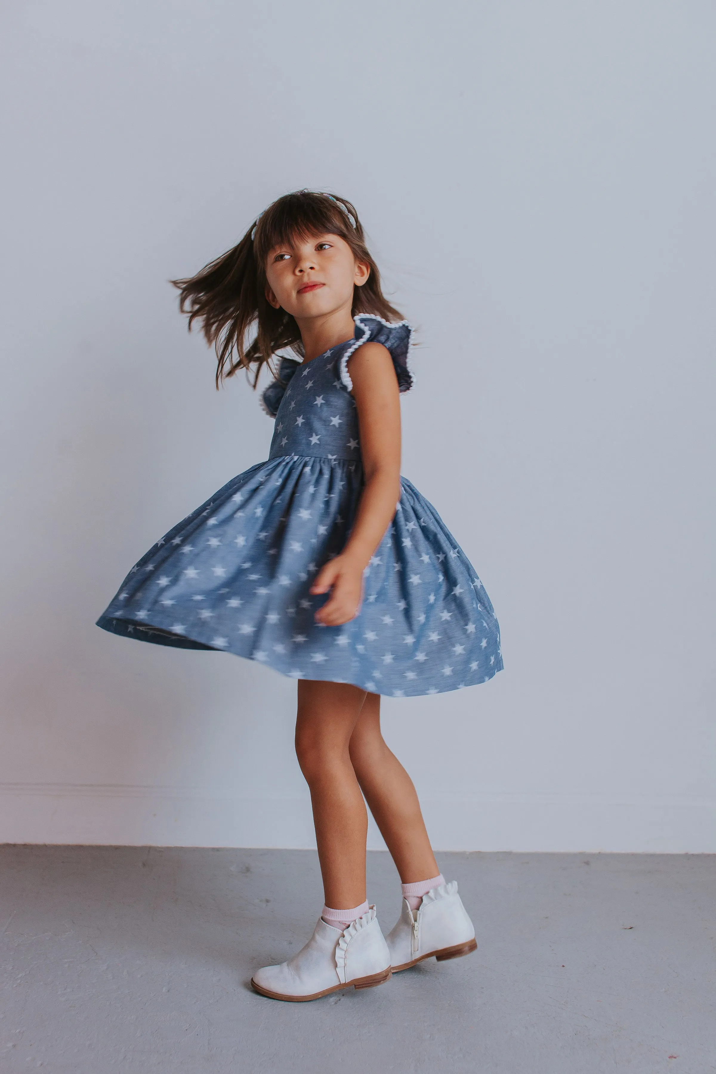 Little Girl's Chambray Star Print Cutout Dress