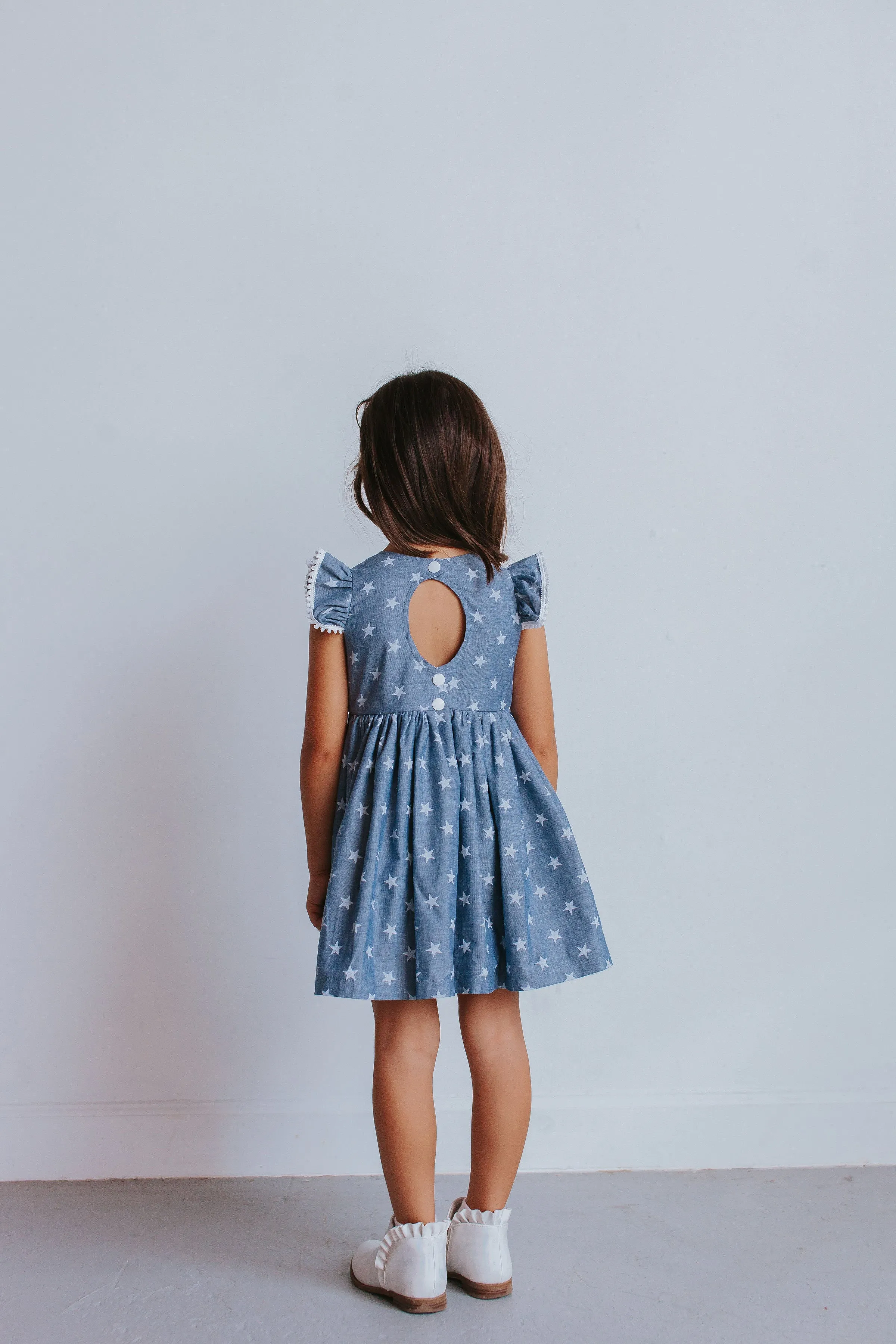 Little Girl's Chambray Star Print Cutout Dress