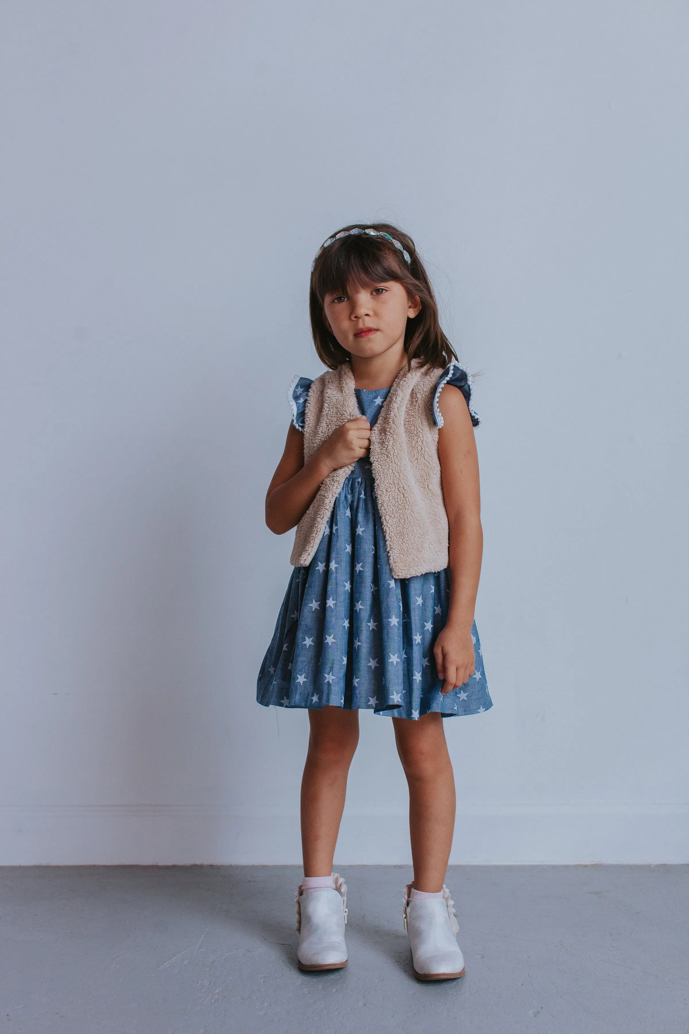 Little Girl's Chambray Star Print Cutout Dress