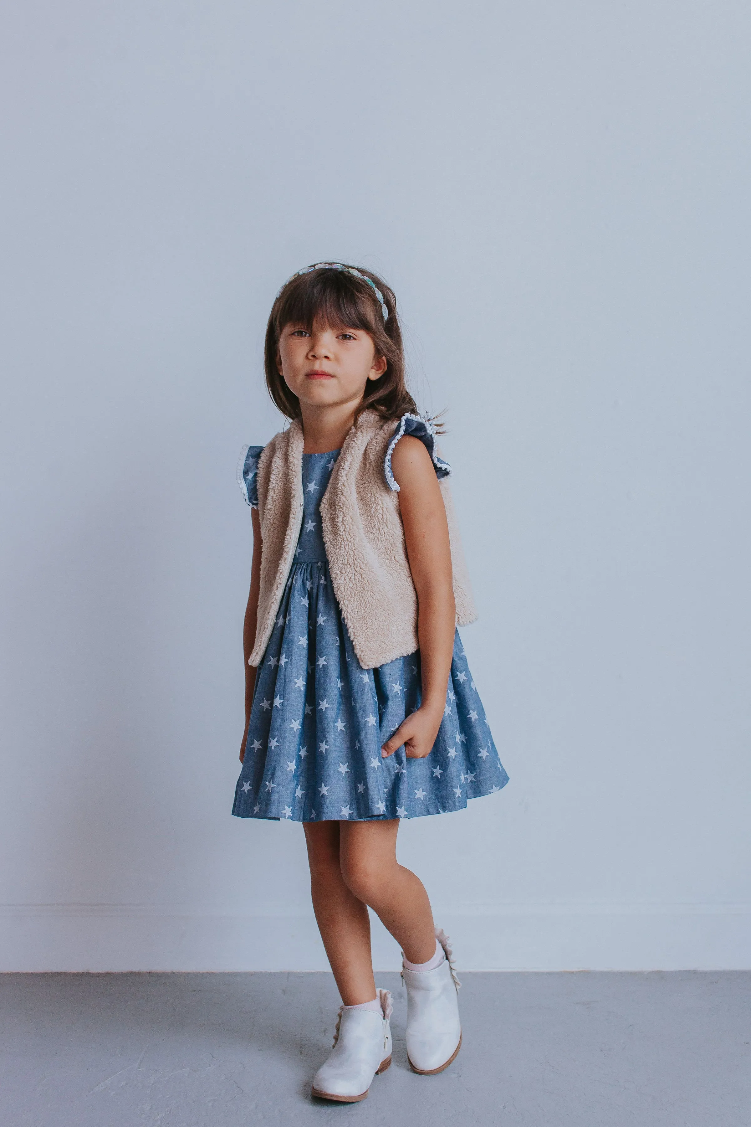 Little Girl's Chambray Star Print Cutout Dress