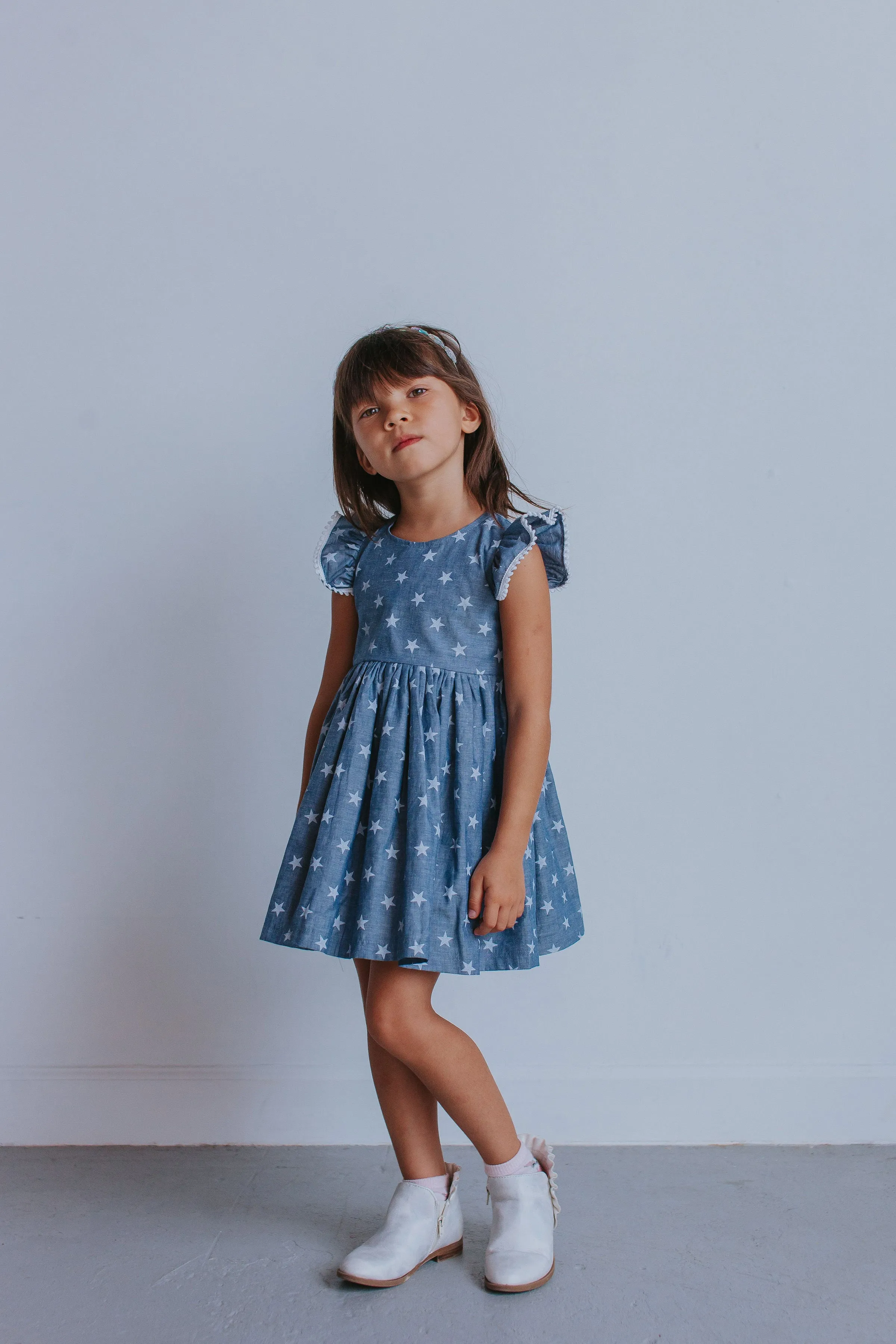 Little Girl's Chambray Star Print Cutout Dress