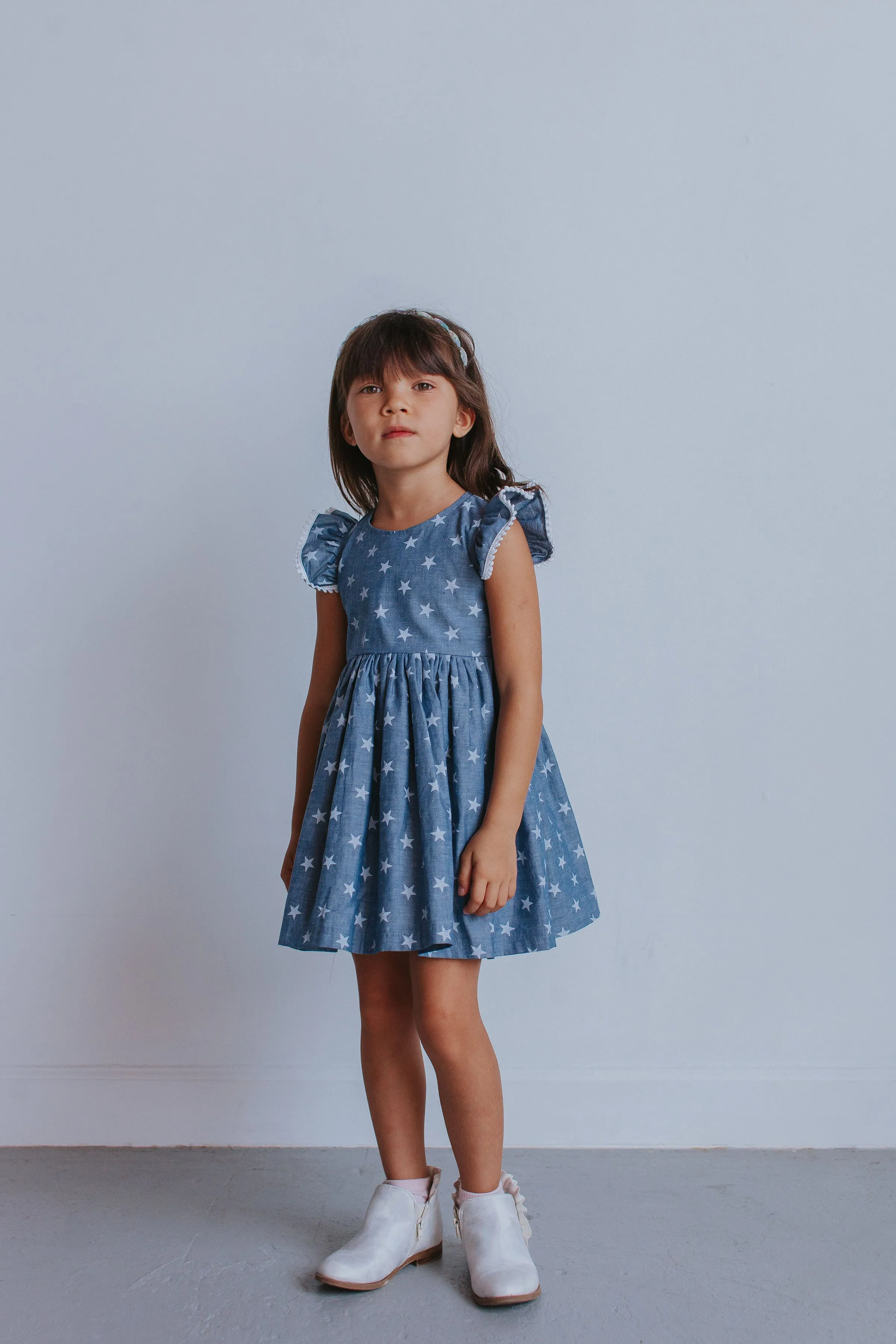 Little Girl's Chambray Star Print Cutout Dress