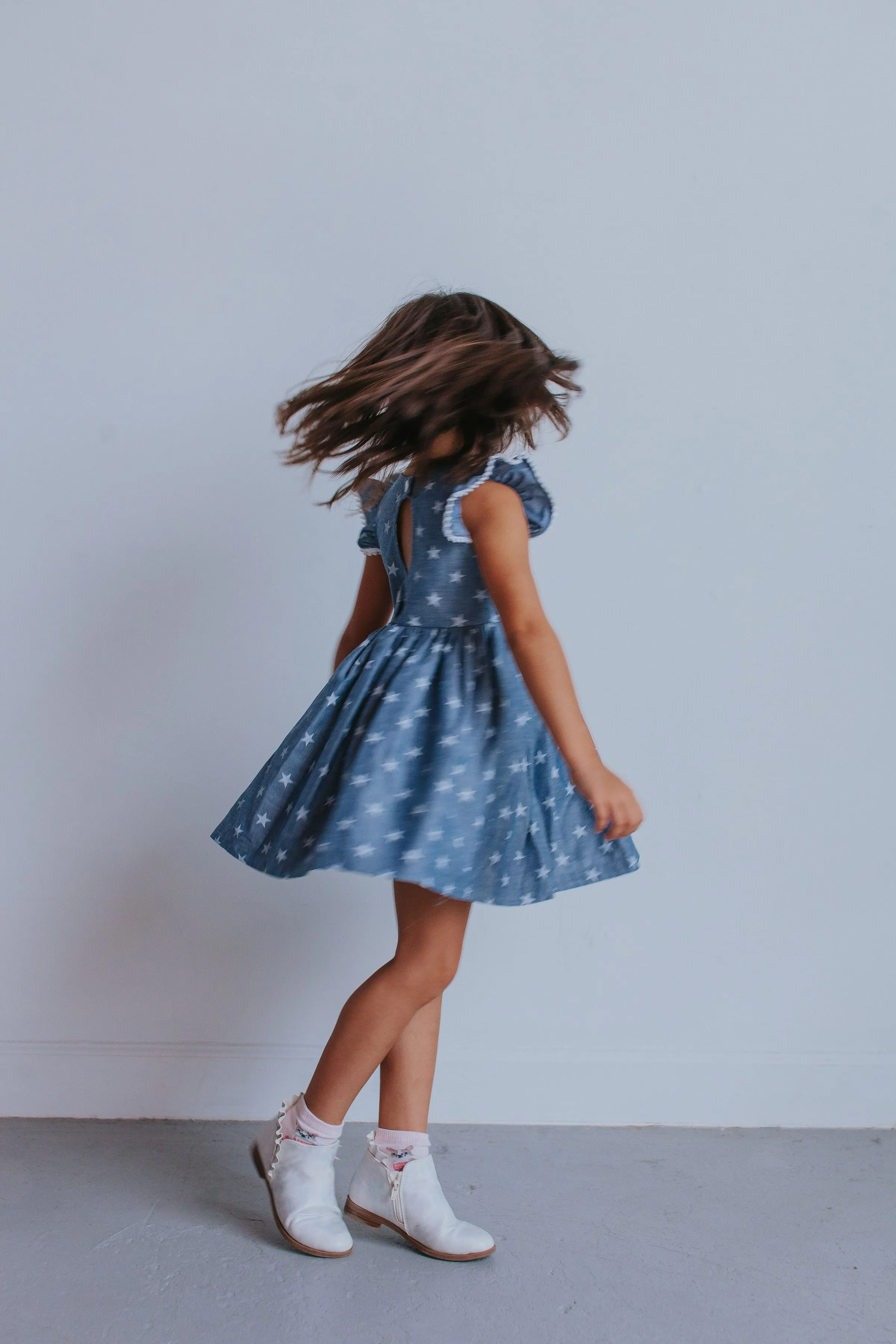 Little Girl's Chambray Star Print Cutout Dress