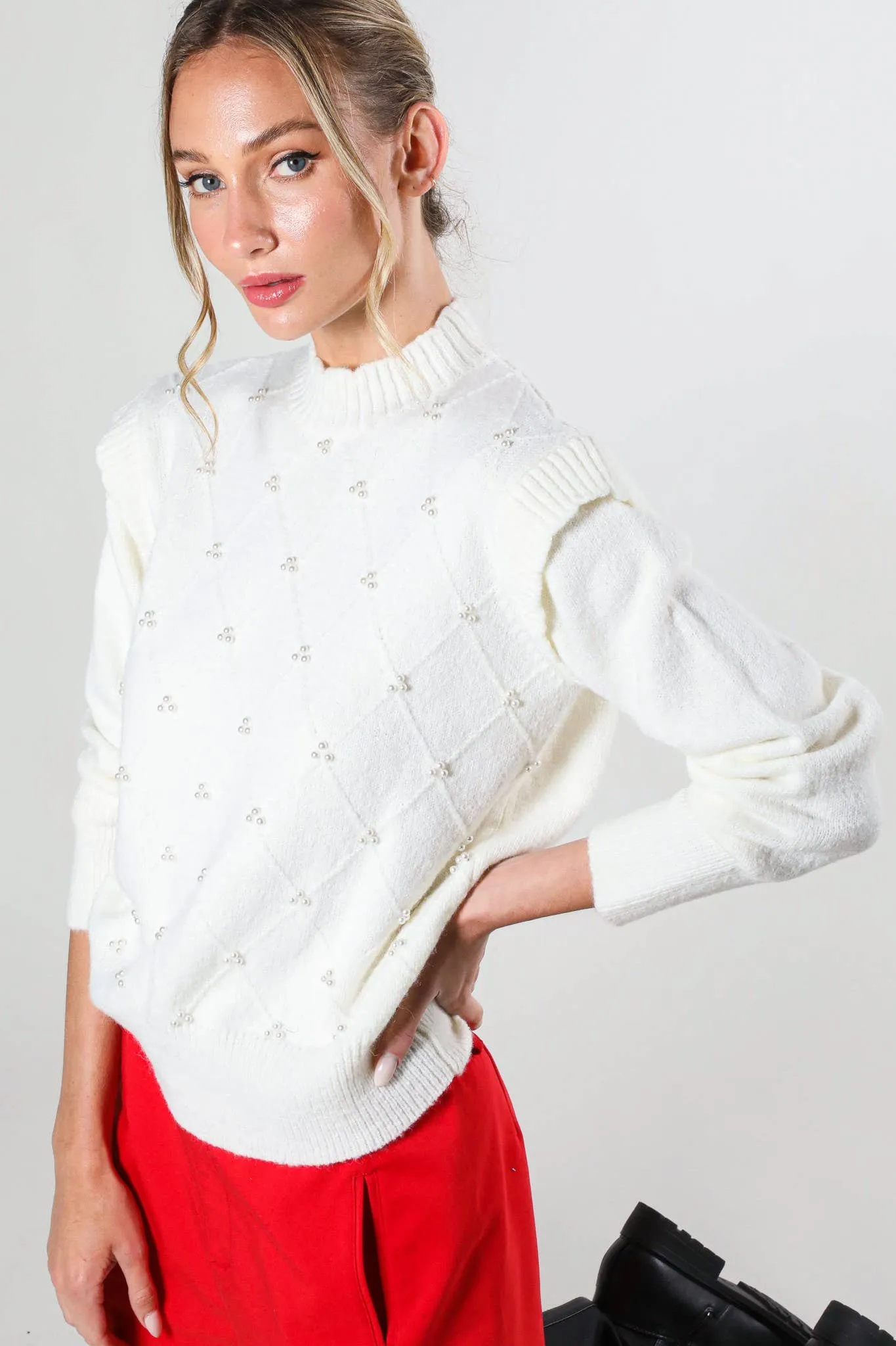 Long Sleeve Pearl Detail Off White Sweater