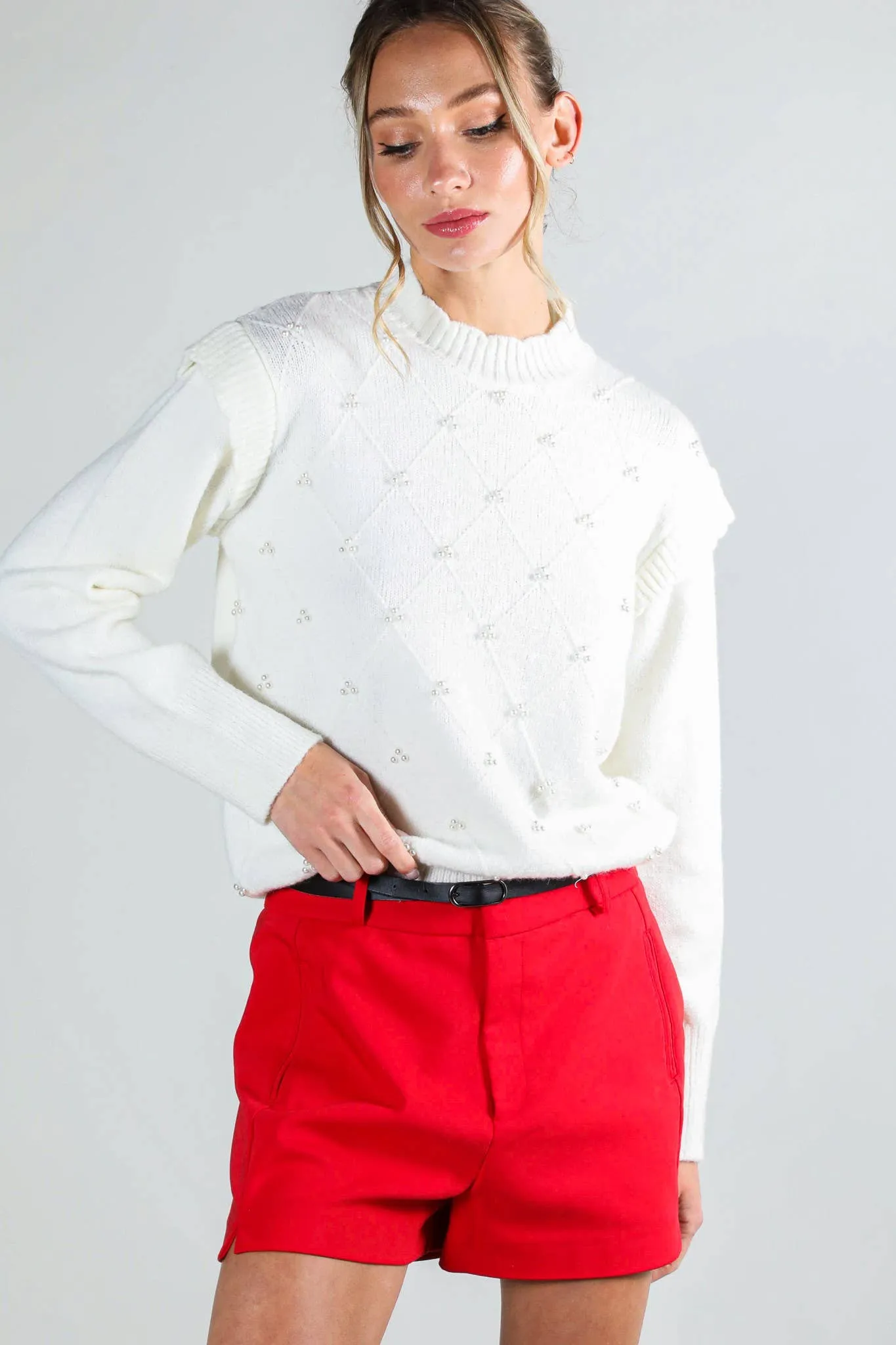 Long Sleeve Pearl Detail Off White Sweater