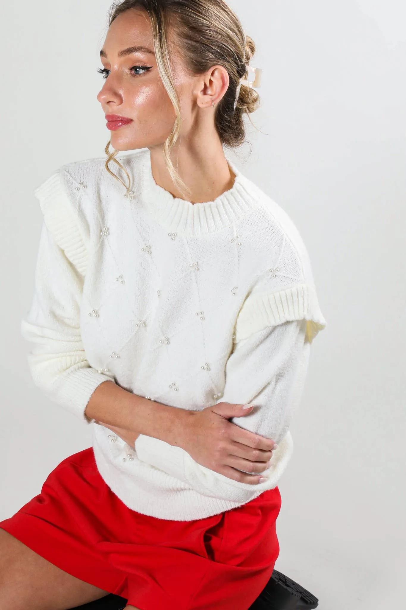Long Sleeve Pearl Detail Off White Sweater