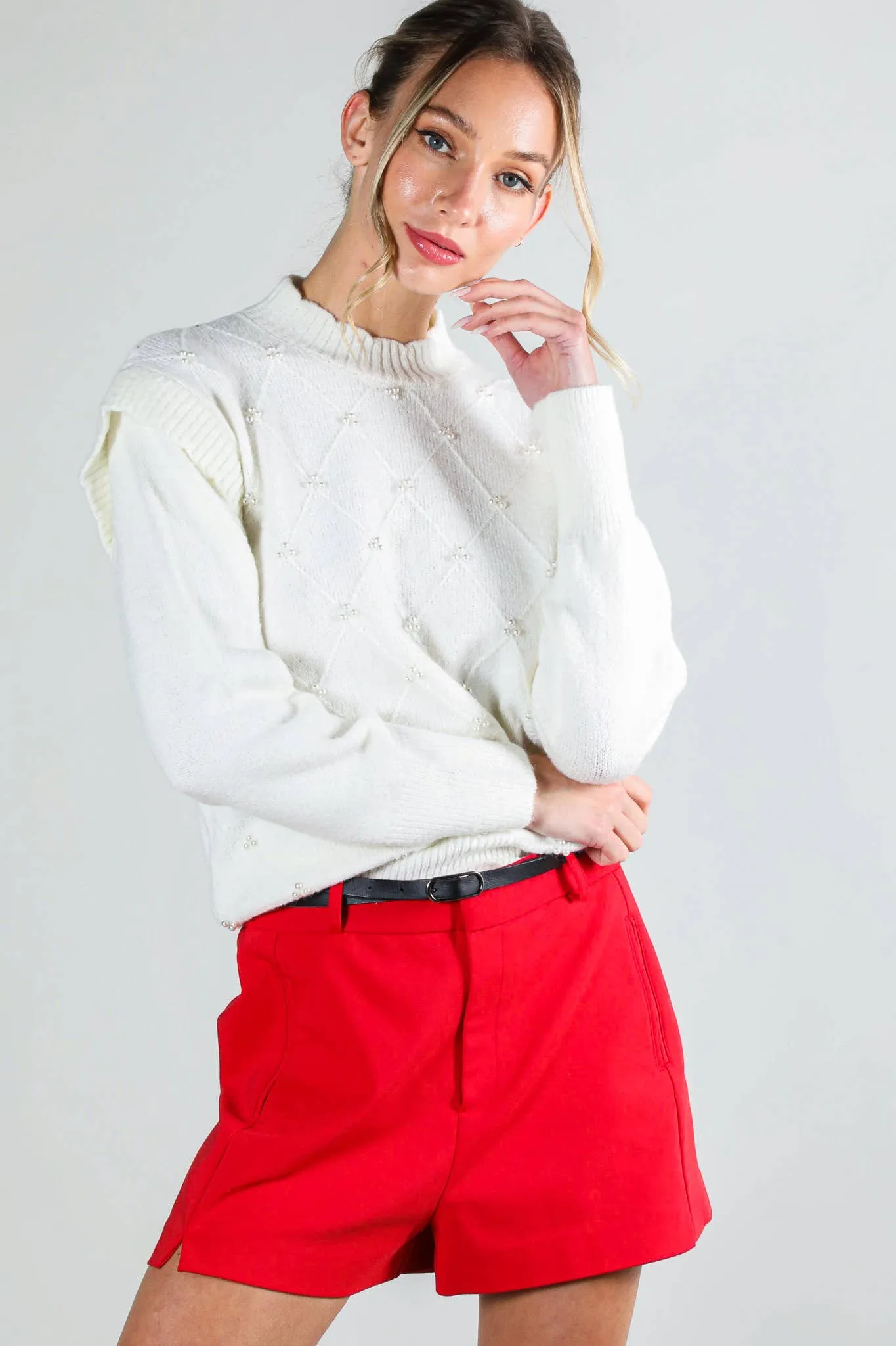 Long Sleeve Pearl Detail Off White Sweater
