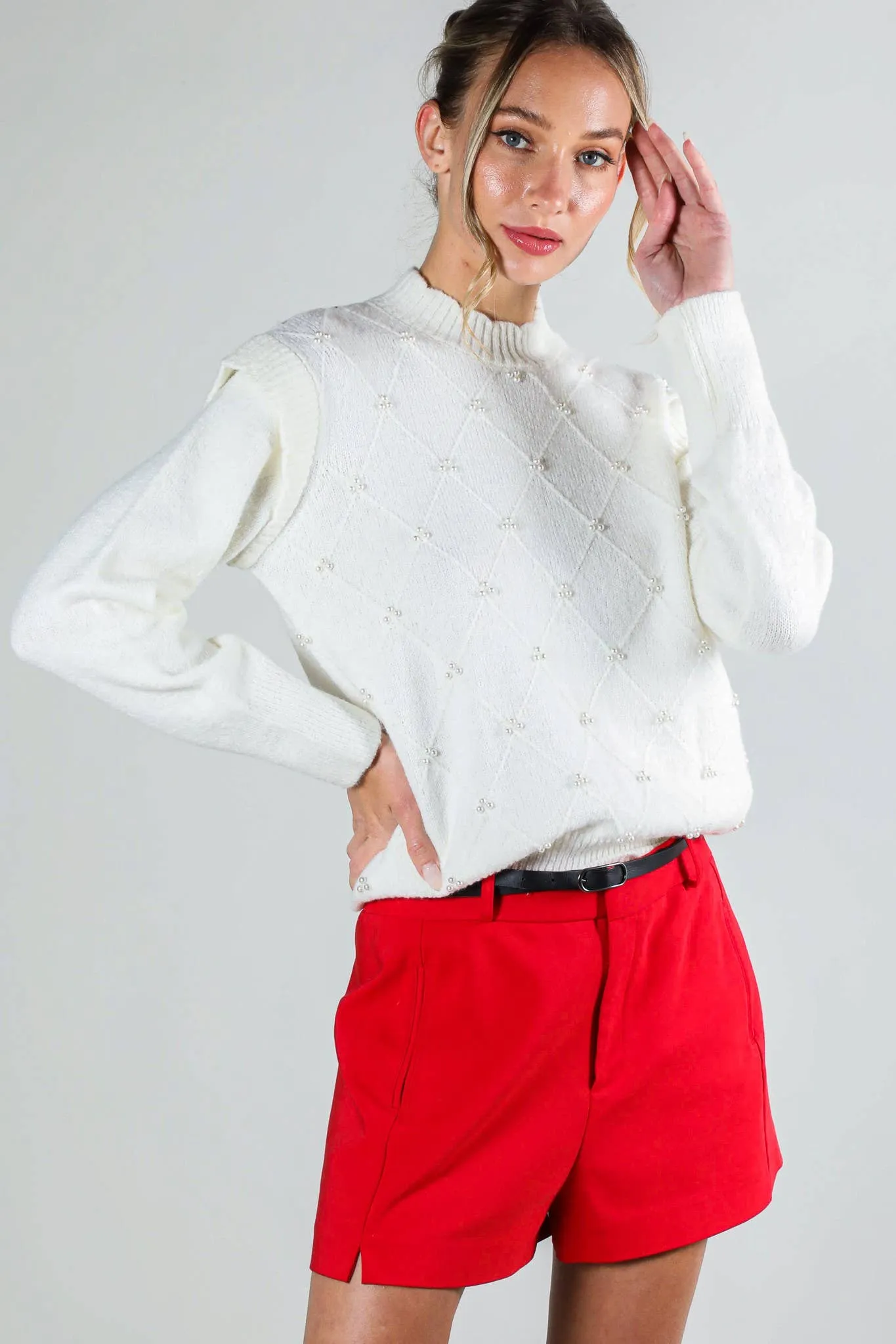 Long Sleeve Pearl Detail Off White Sweater