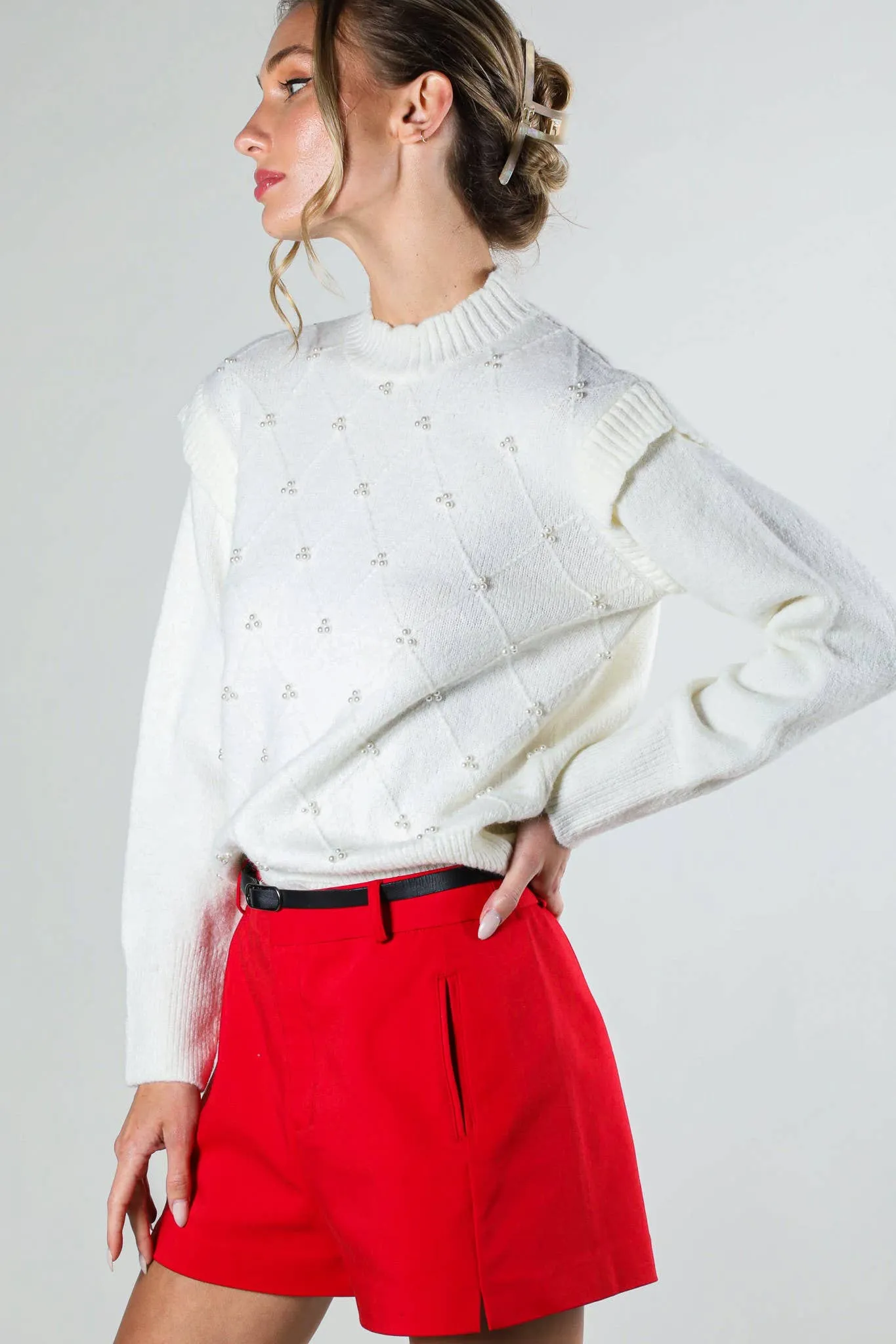 Long Sleeve Pearl Detail Off White Sweater