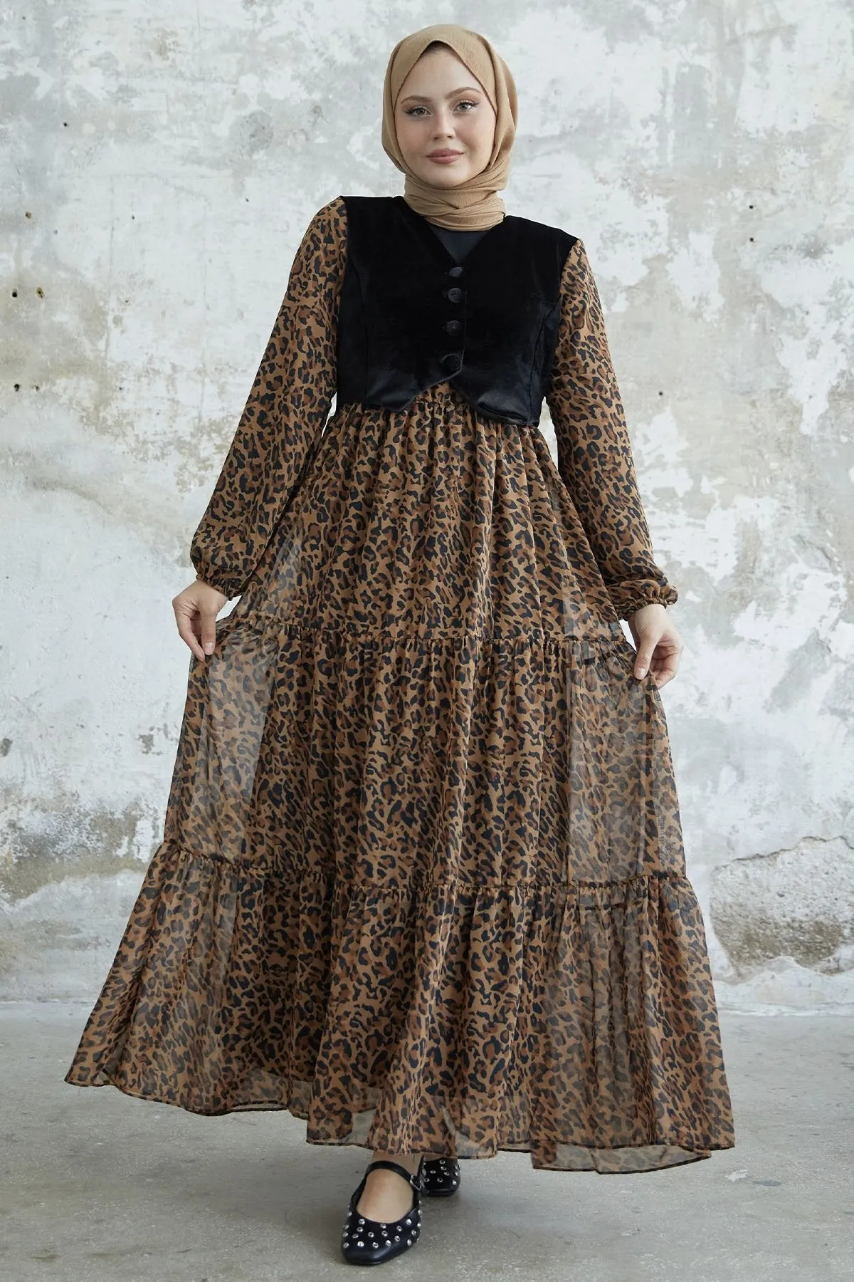 MDS Women 02313 Patterned Velvet Jacket Chiffon Dress - Brown - Columbus