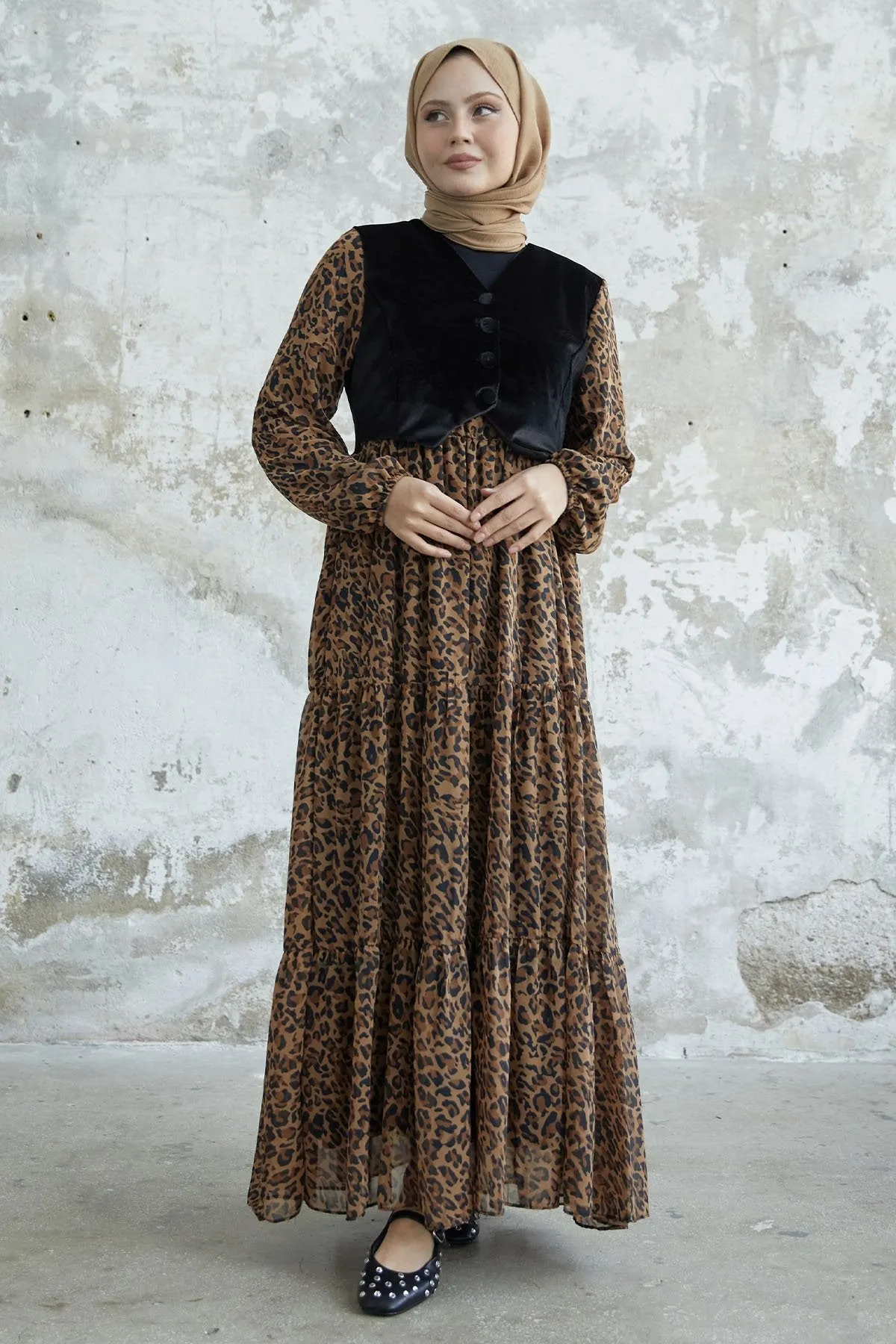 MDS Women 02313 Patterned Velvet Jacket Chiffon Dress - Brown - Columbus