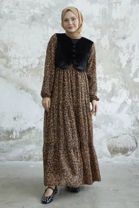 MDS Women 02313 Patterned Velvet Jacket Chiffon Dress - Brown - Columbus