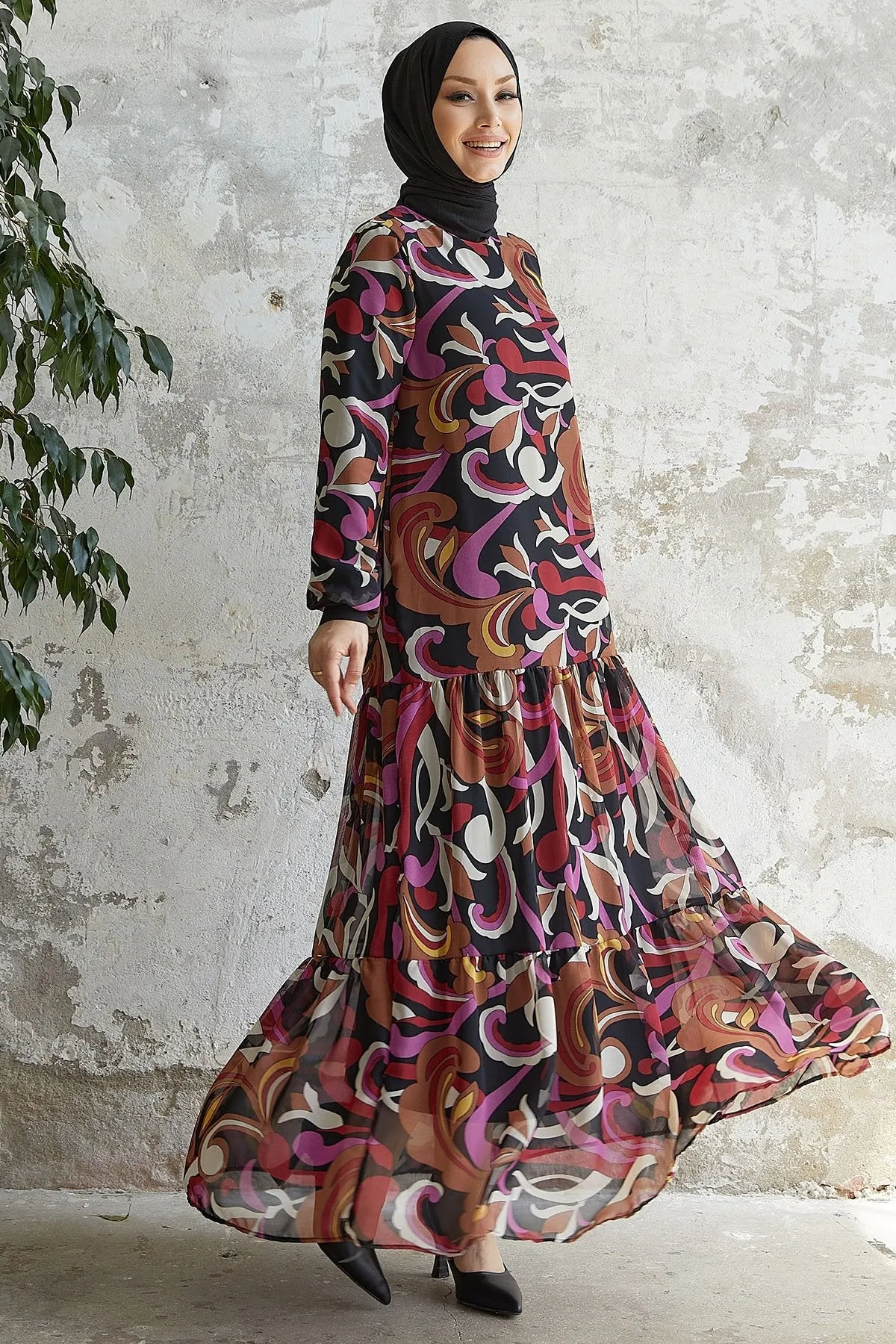 MDS Women Arzel Patterned Ruffle Chiffon Dress - Black - Khrustalnyi