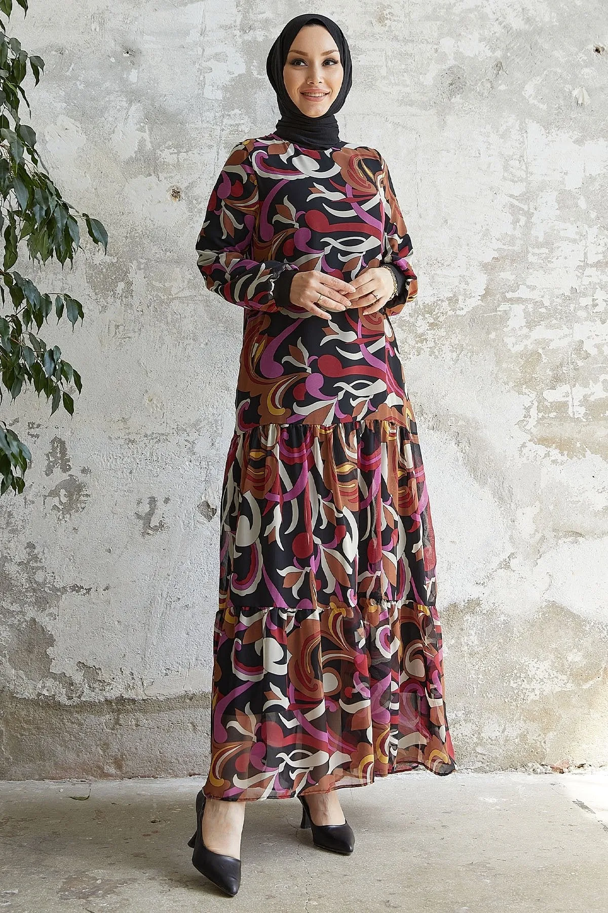MDS Women Arzel Patterned Ruffle Chiffon Dress - Black - Khrustalnyi