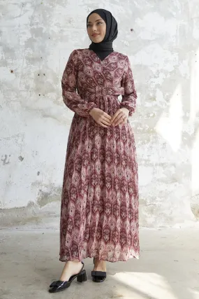 MDS Women Belted Ethnic Pattern Chiffon Dress - Purple - Kelowna
