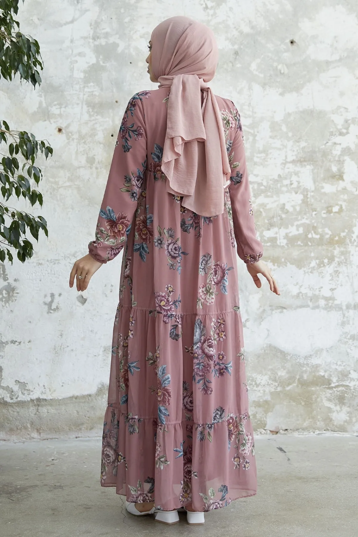 MDS Women Lace-Up Floral Chiffon Dress - Rose Pink - Silver Spring