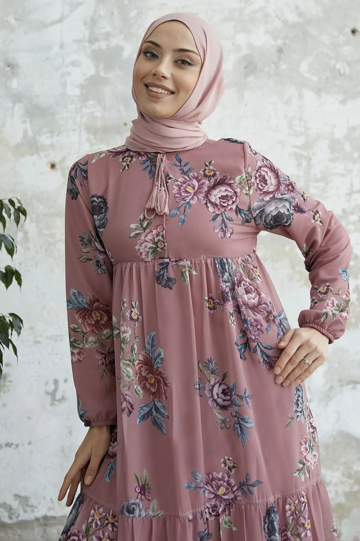 MDS Women Lace-Up Floral Chiffon Dress - Rose Pink - Silver Spring