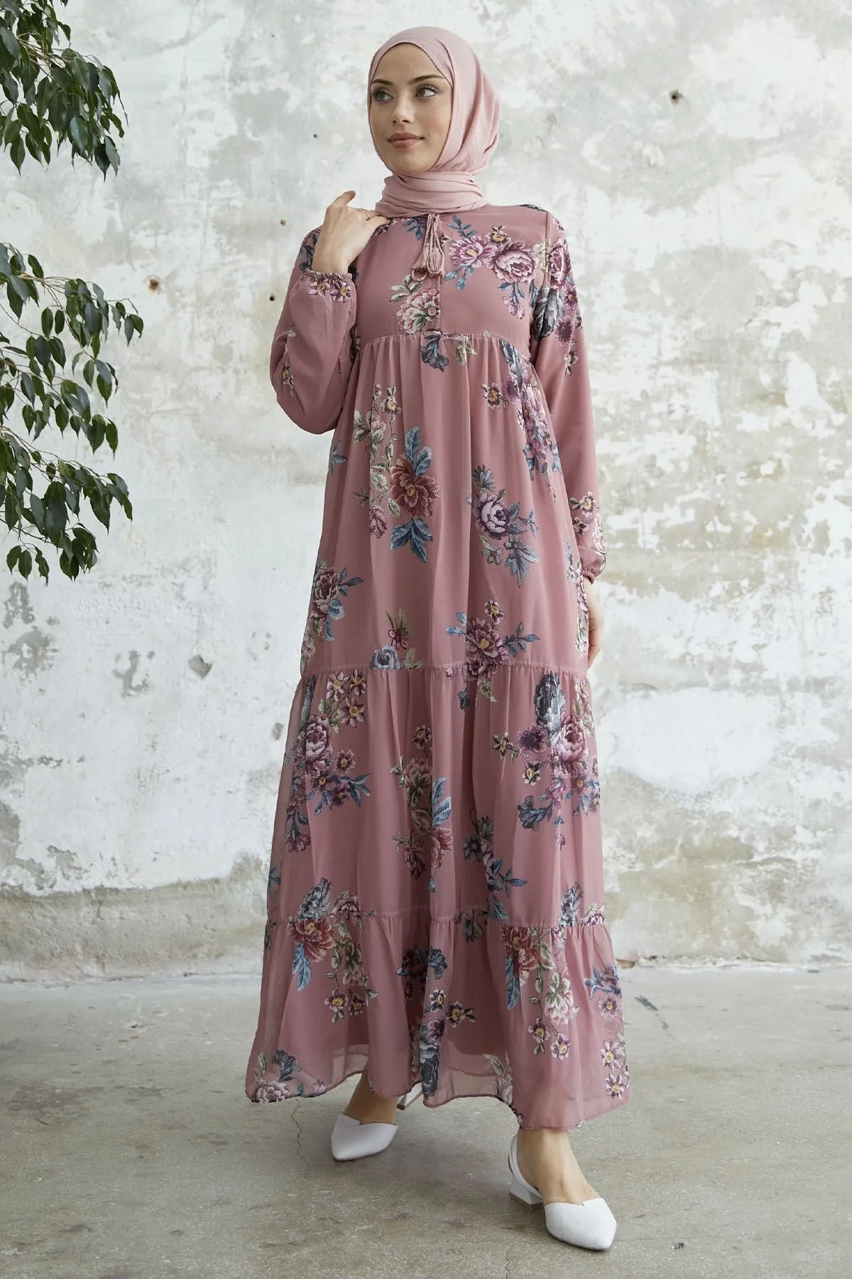 MDS Women Lace-Up Floral Chiffon Dress - Rose Pink - Silver Spring