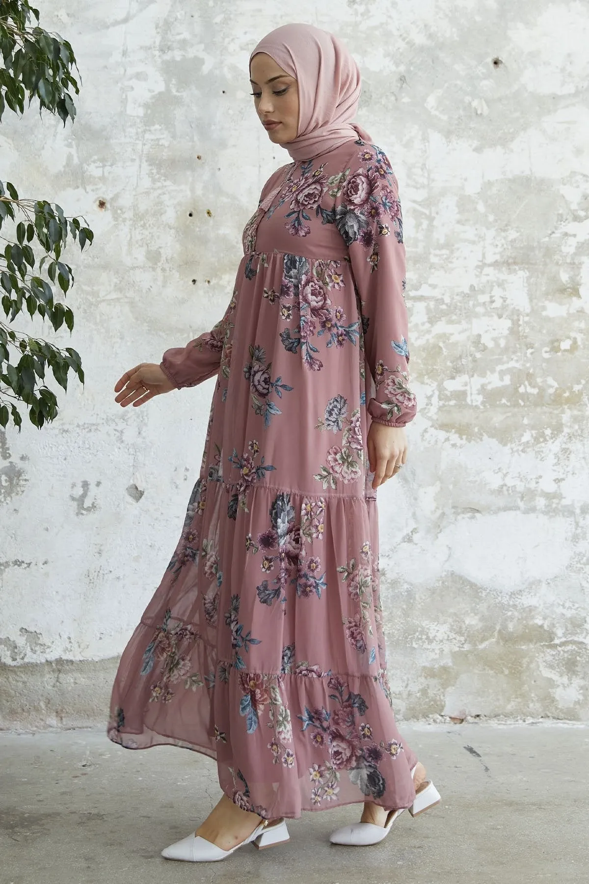 MDS Women Lace-Up Floral Chiffon Dress - Rose Pink - Silver Spring