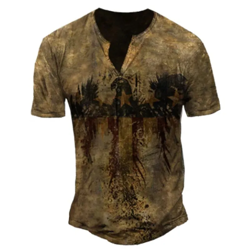 MEN'S HENLEY SHIRTS CASUAL SHORT SLEEVE WITH PRINT
