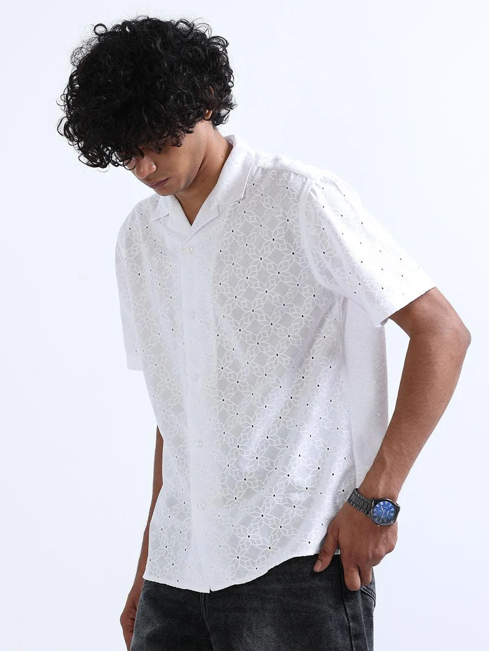 Men's White Cuban Collar Crochet shirt