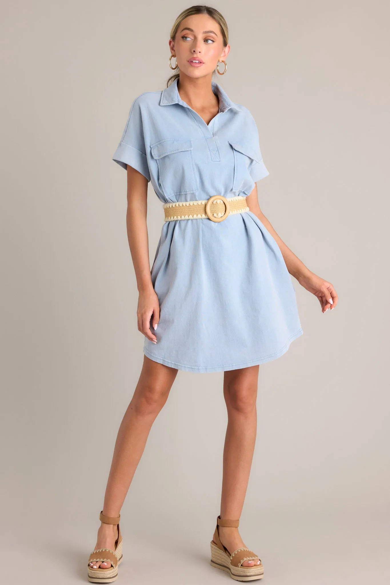 Metropolitan Mood Light Chambray Collared Mini Dress