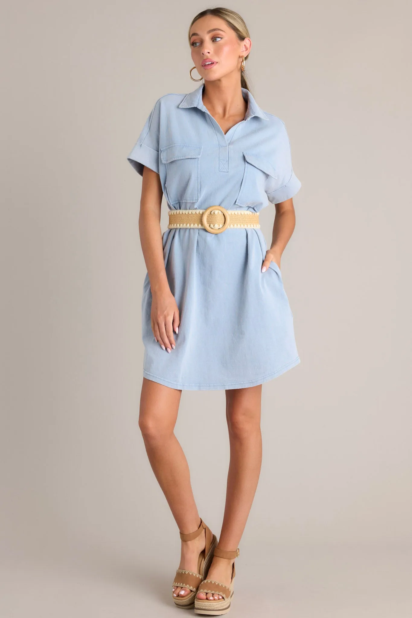 Metropolitan Mood Light Chambray Collared Mini Dress