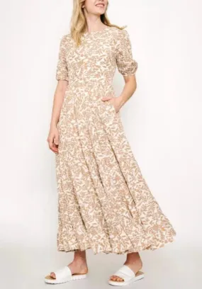 Mocha Leaves Puff Sleeve Tiered Maxi Dress
