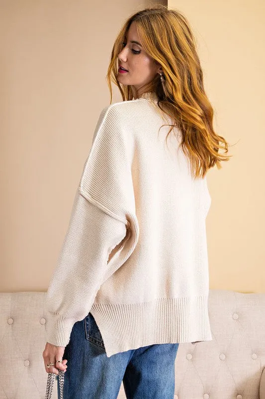 *MOCK NECK RIBBED SWEATER BONE