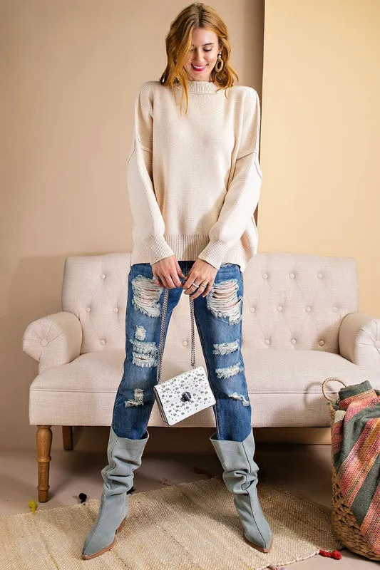 *MOCK NECK RIBBED SWEATER BONE