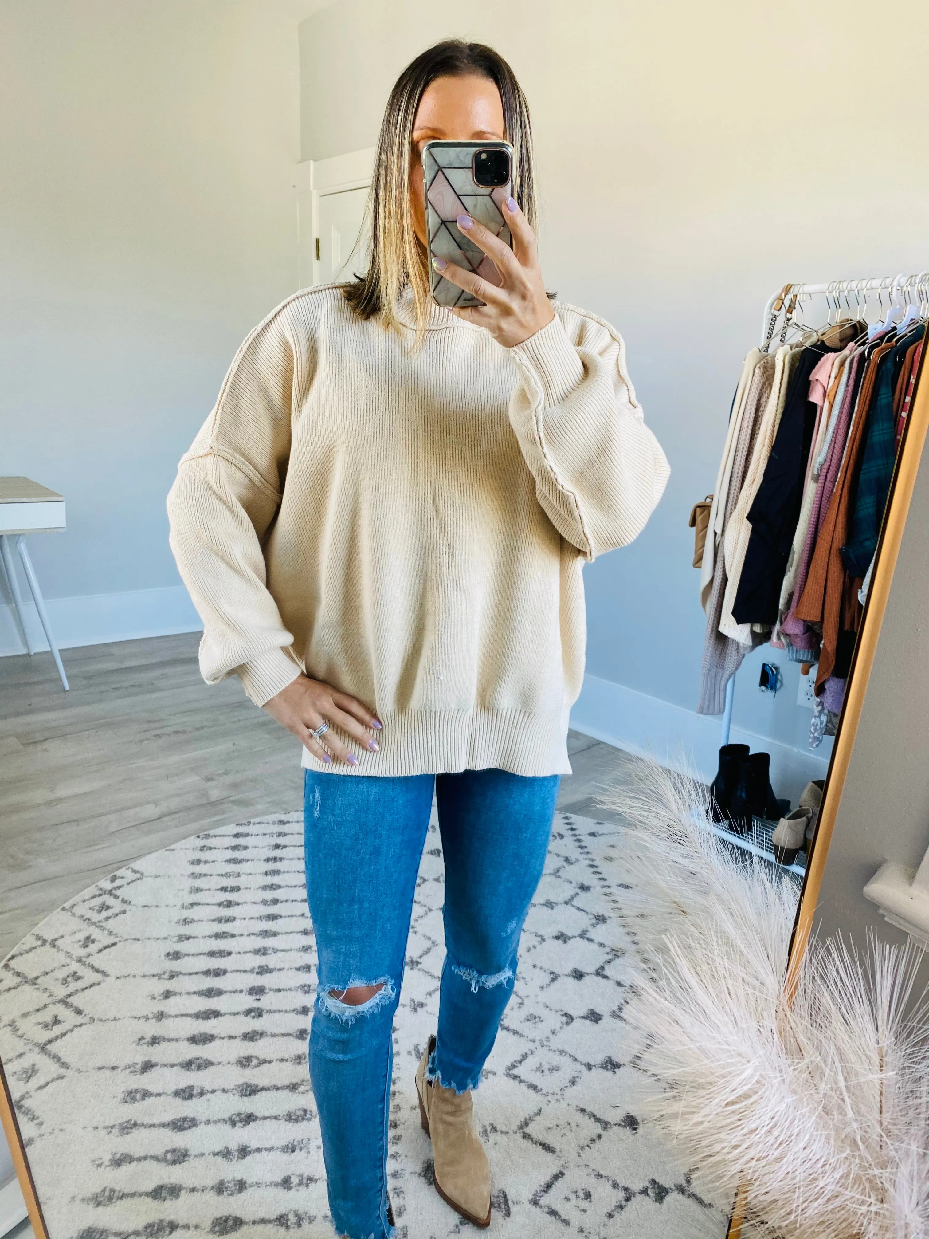 *MOCK NECK RIBBED SWEATER BONE