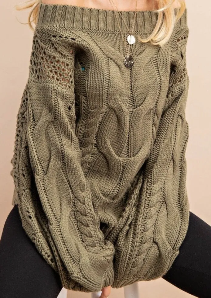 Parker Chunky Cable Knit Sweater (Olive)