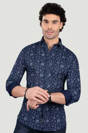 Platon Navy Blue Floral Cotton Printed Shirt