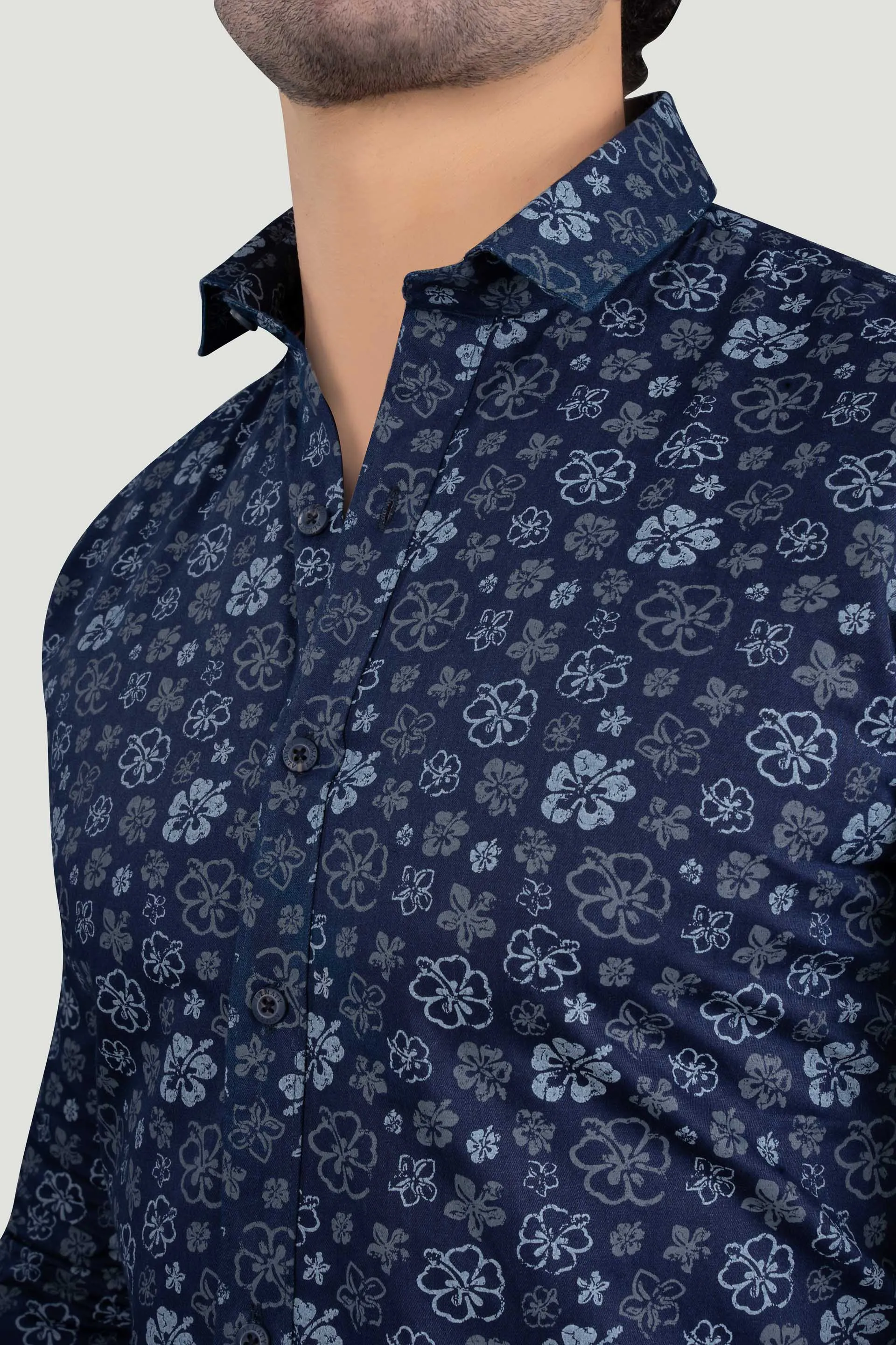 Platon Navy Blue Floral Cotton Printed Shirt