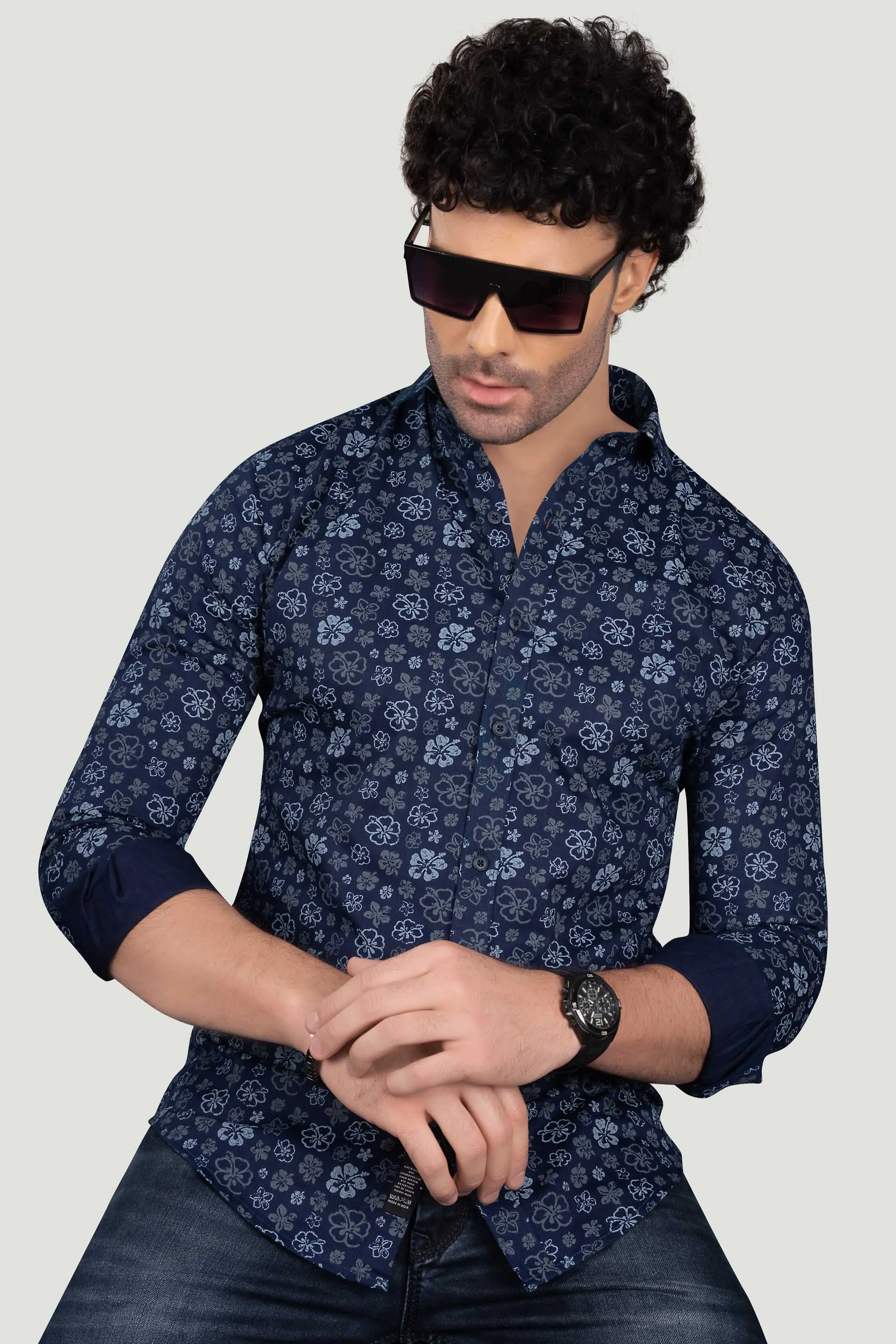 Platon Navy Blue Floral Cotton Printed Shirt