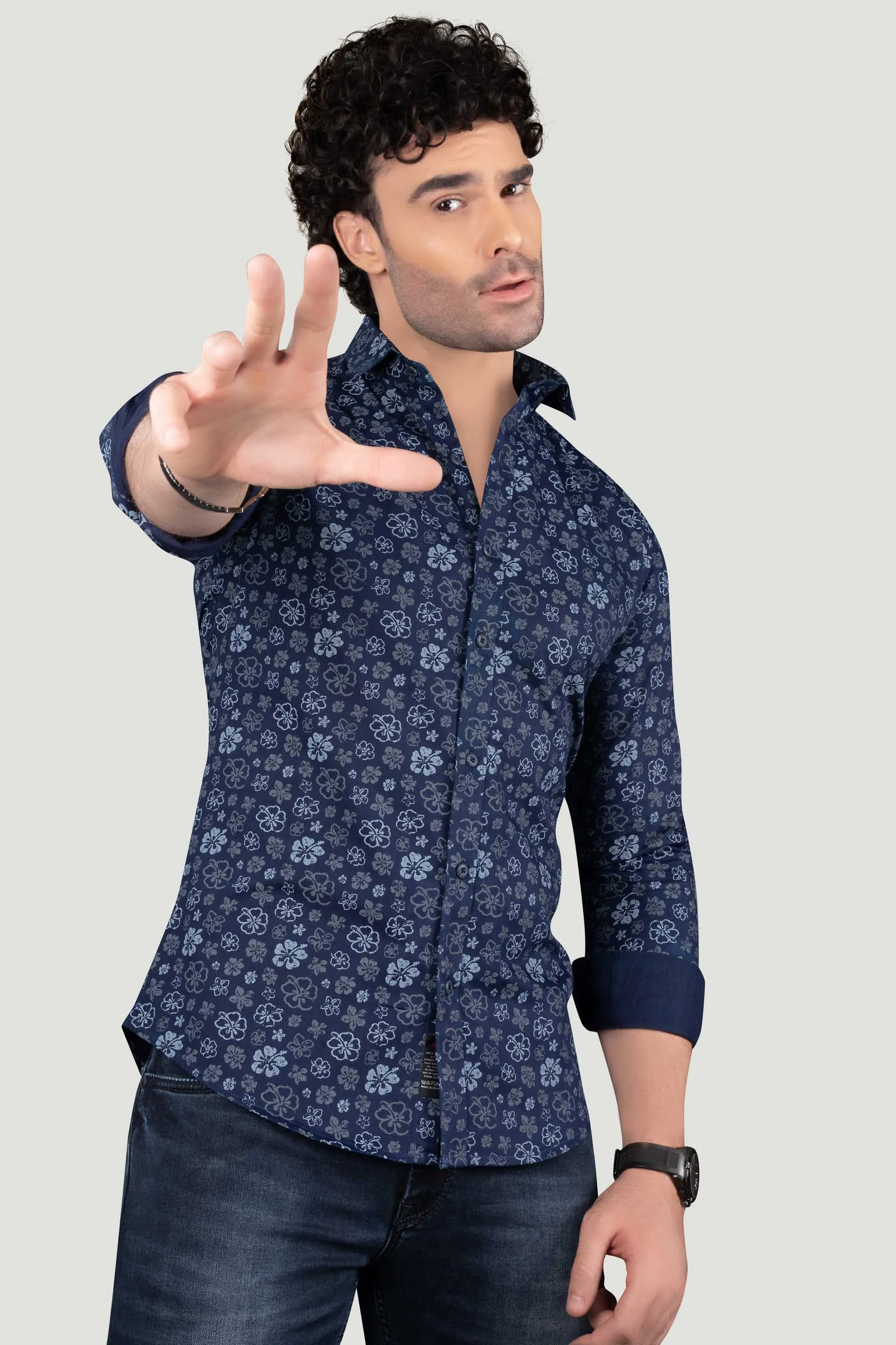 Platon Navy Blue Floral Cotton Printed Shirt
