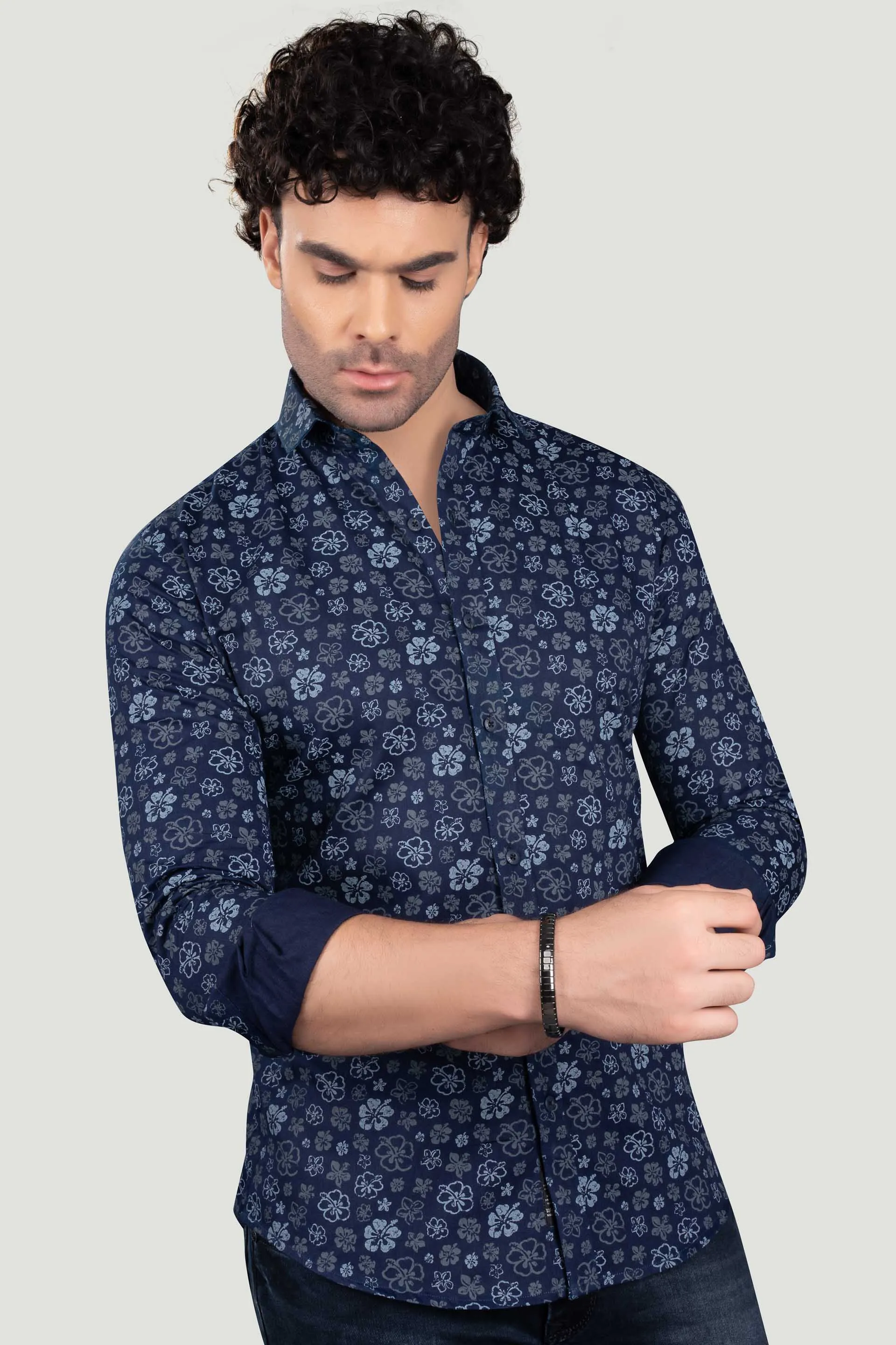 Platon Navy Blue Floral Cotton Printed Shirt