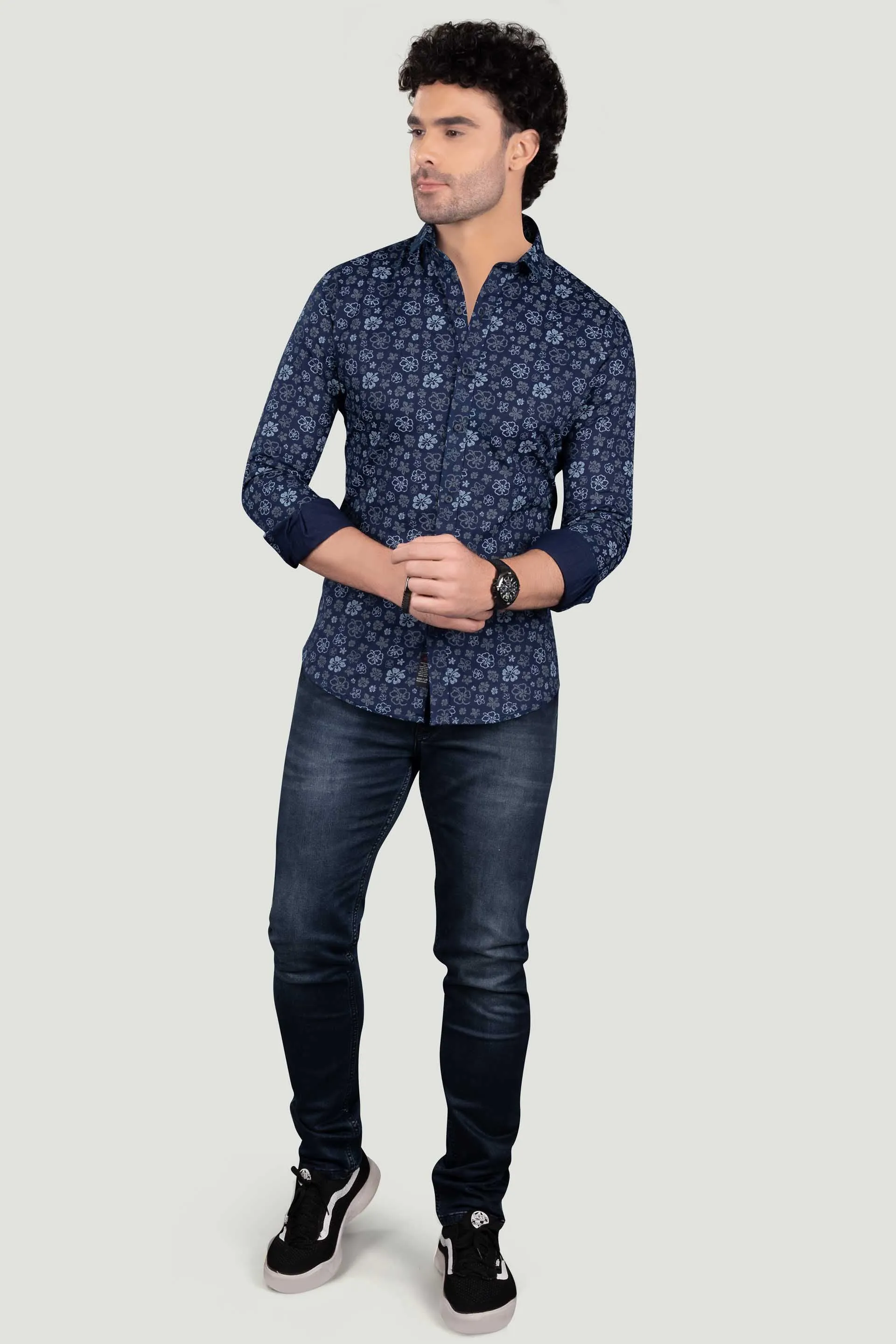 Platon Navy Blue Floral Cotton Printed Shirt