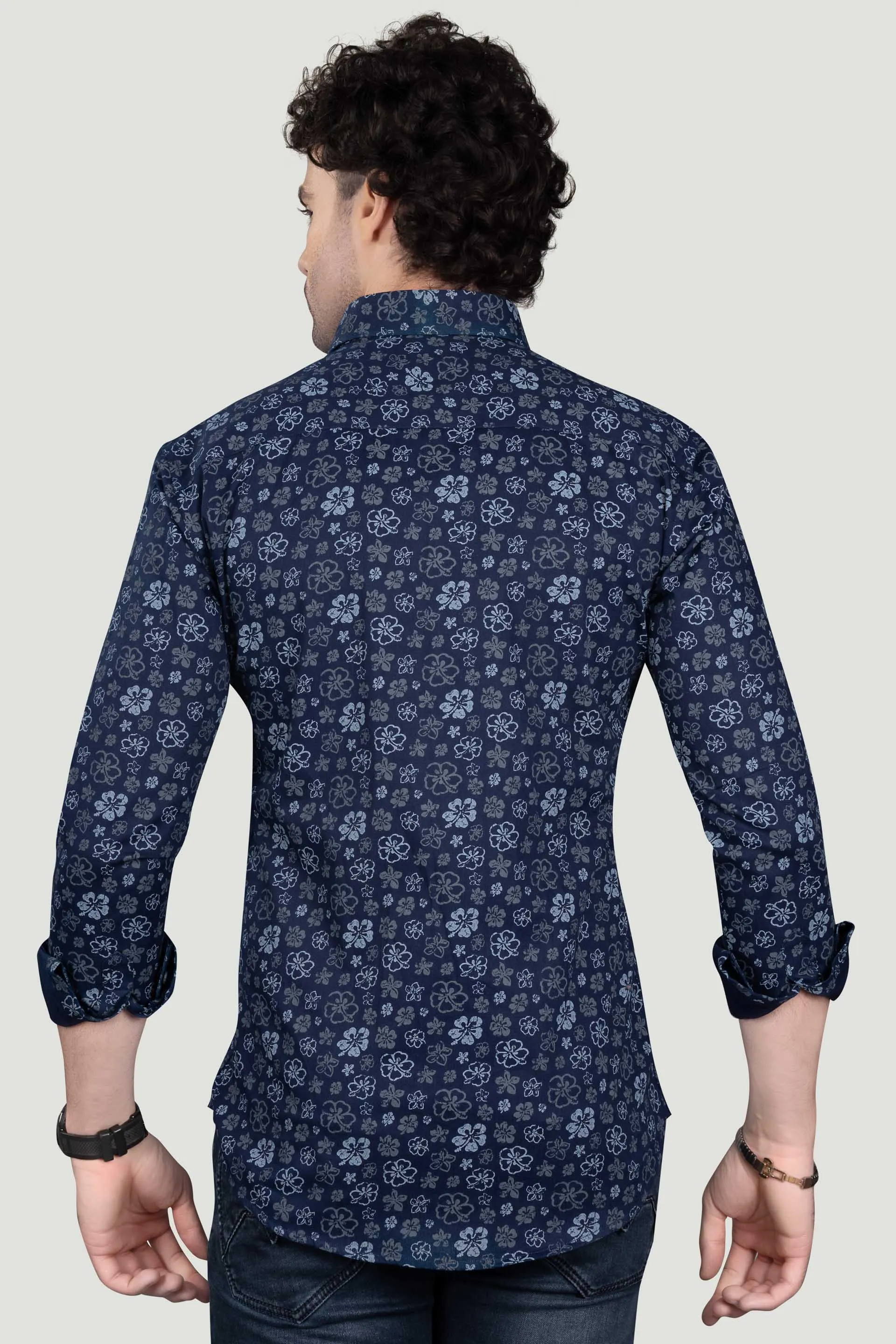Platon Navy Blue Floral Cotton Printed Shirt