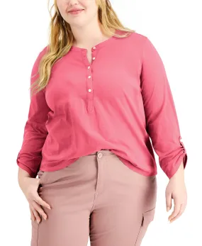 Plus Cotton Roll-Tab Henley Top