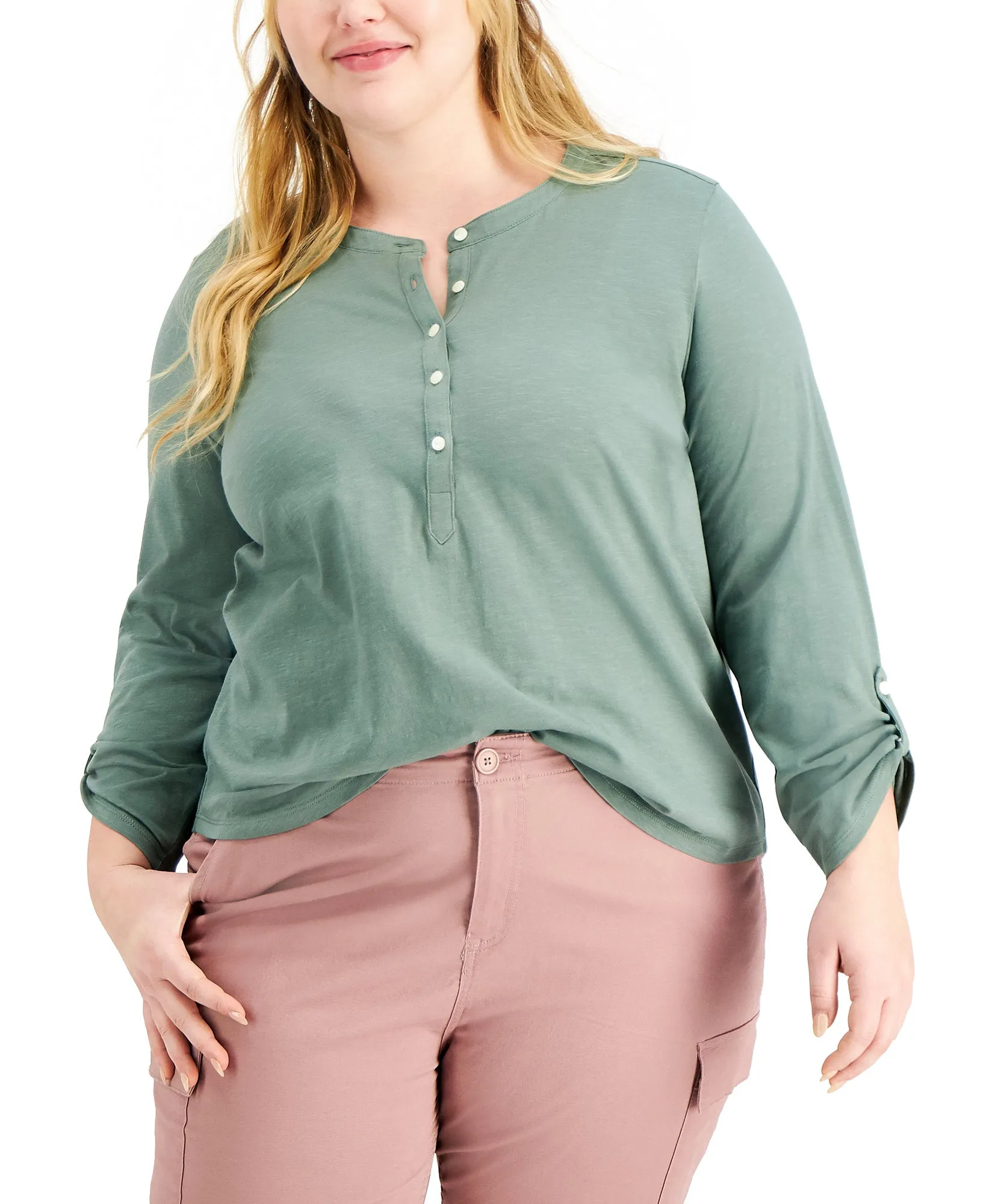 Plus Cotton Roll-Tab Henley Top