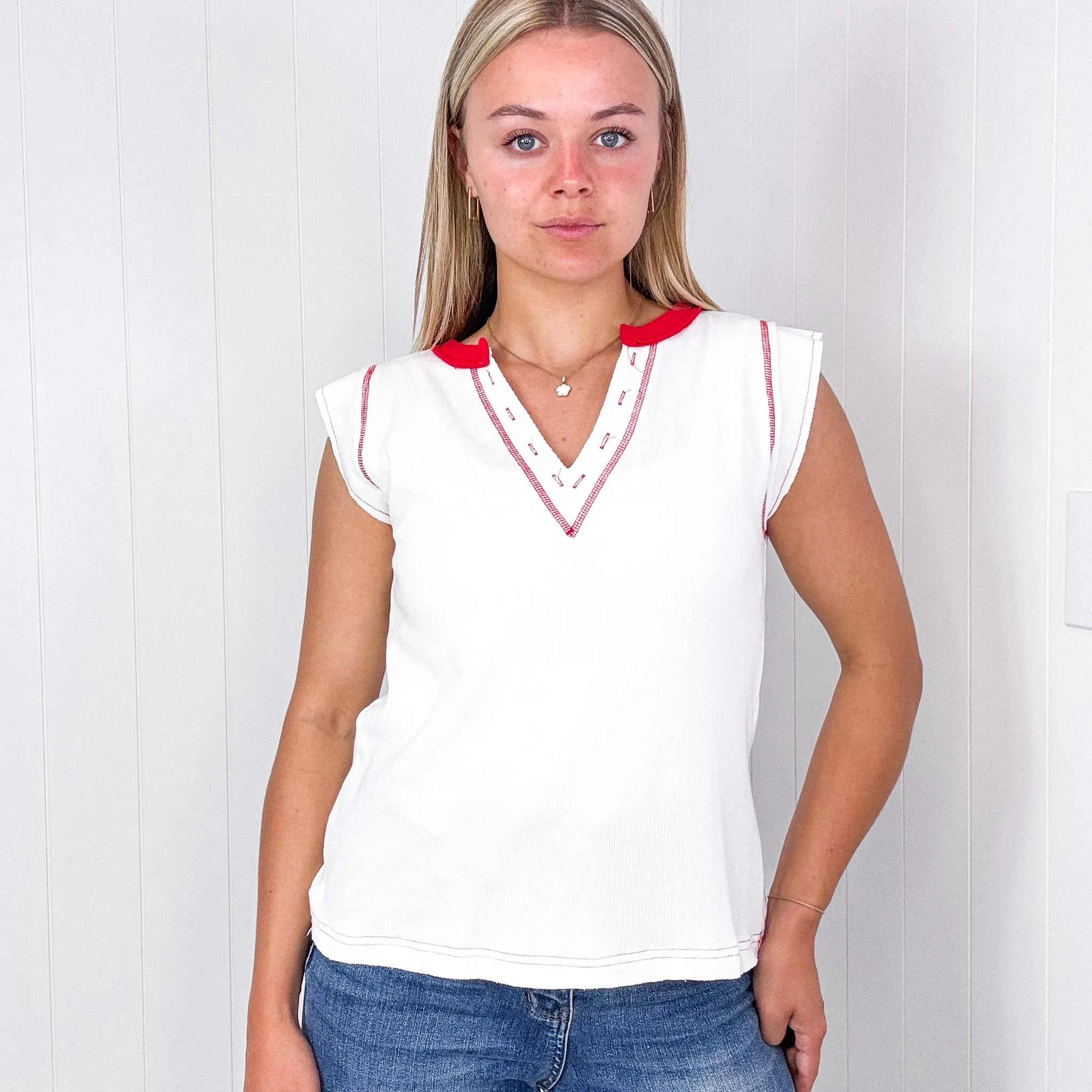 Pol White with Red Contrast Thermal Sleeveless V Neck Top. *Final Sale*