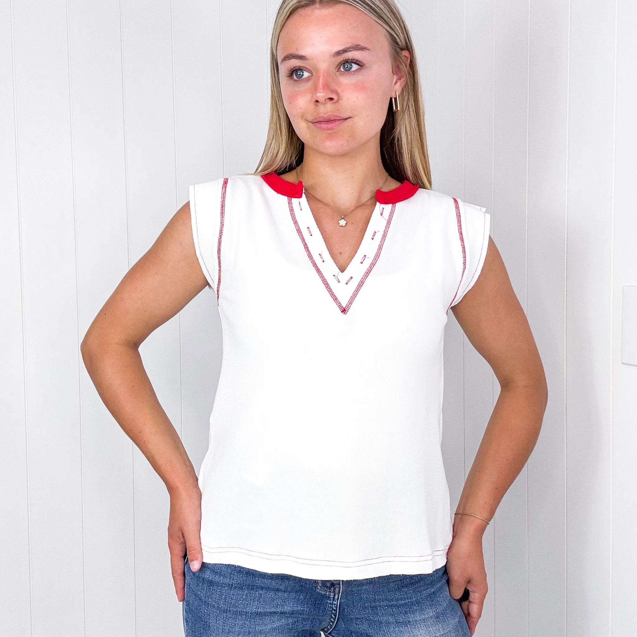Pol White with Red Contrast Thermal Sleeveless V Neck Top. *Final Sale*