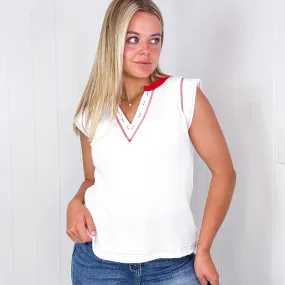 Pol White with Red Contrast Thermal Sleeveless V Neck Top. *Final Sale*