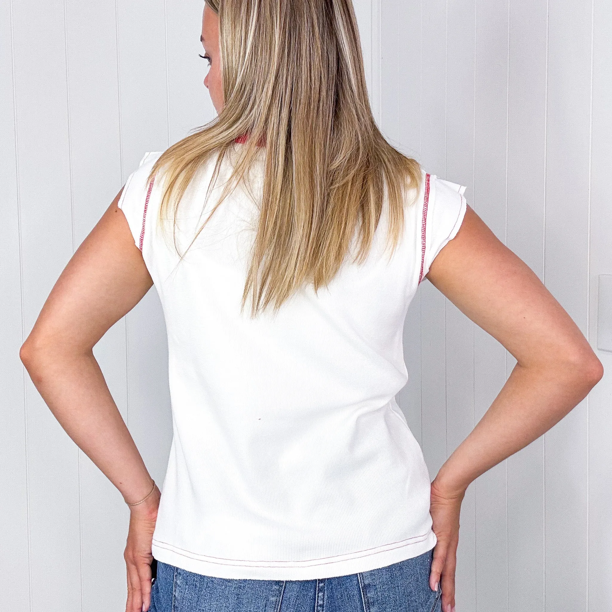 Pol White with Red Contrast Thermal Sleeveless V Neck Top. *Final Sale*