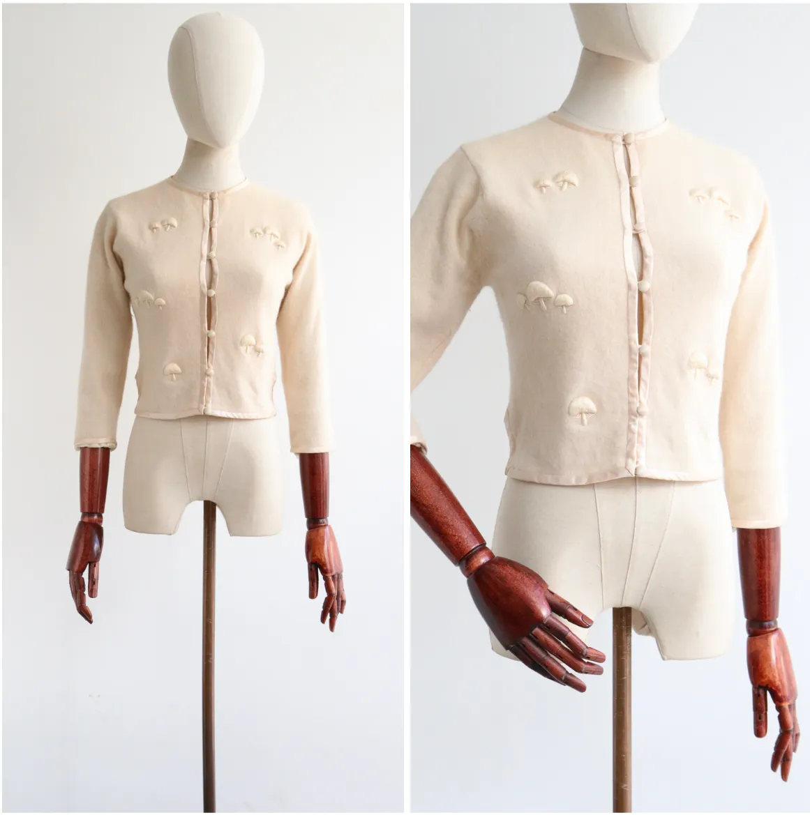 "Cream Mushrooms" Vintage 1950's Cream Mushroom Embroidered Cardigan UK 10 US 6