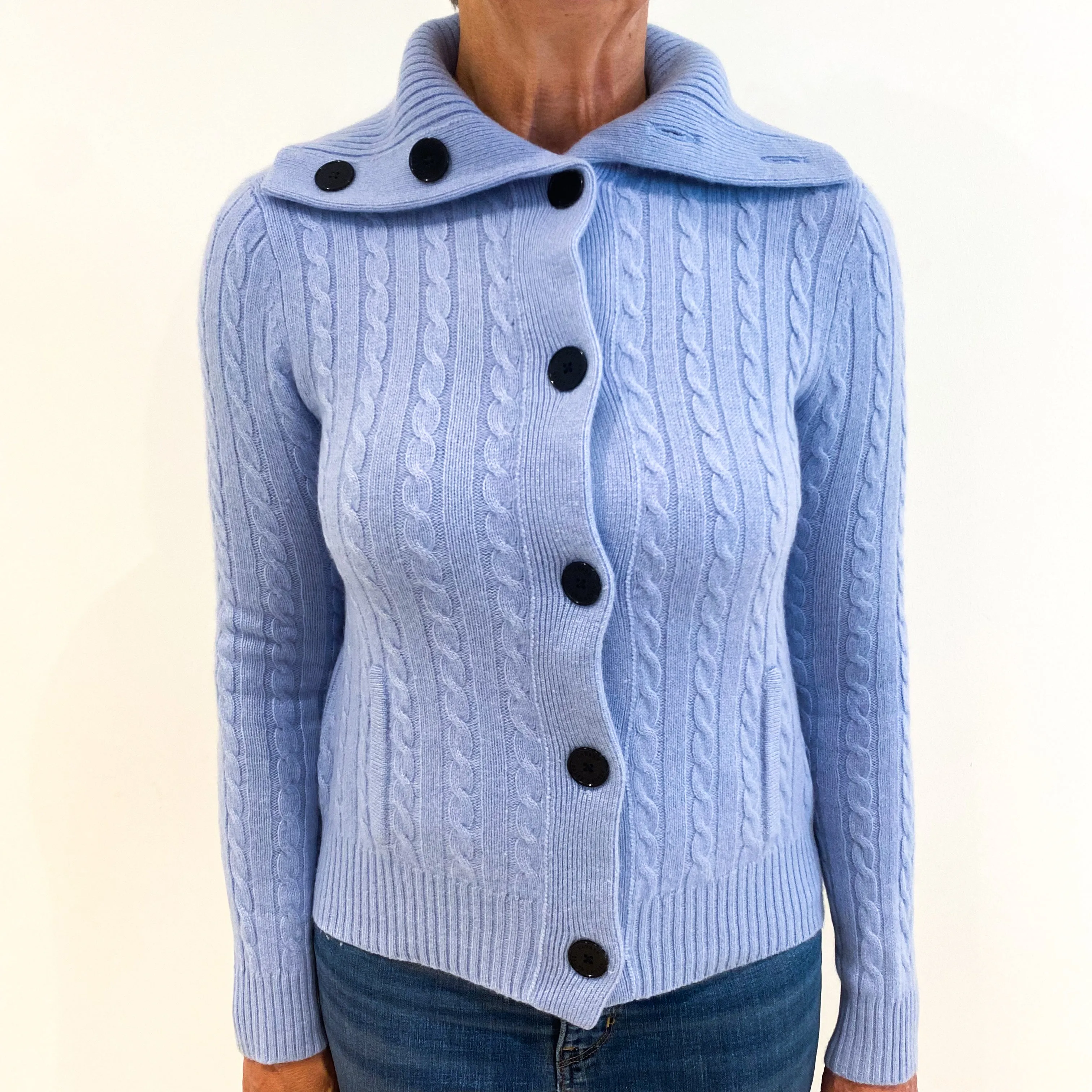 Ralph Lauren Cornflower Blue Chunky Cable Knit Cashmere Cardigan Medium