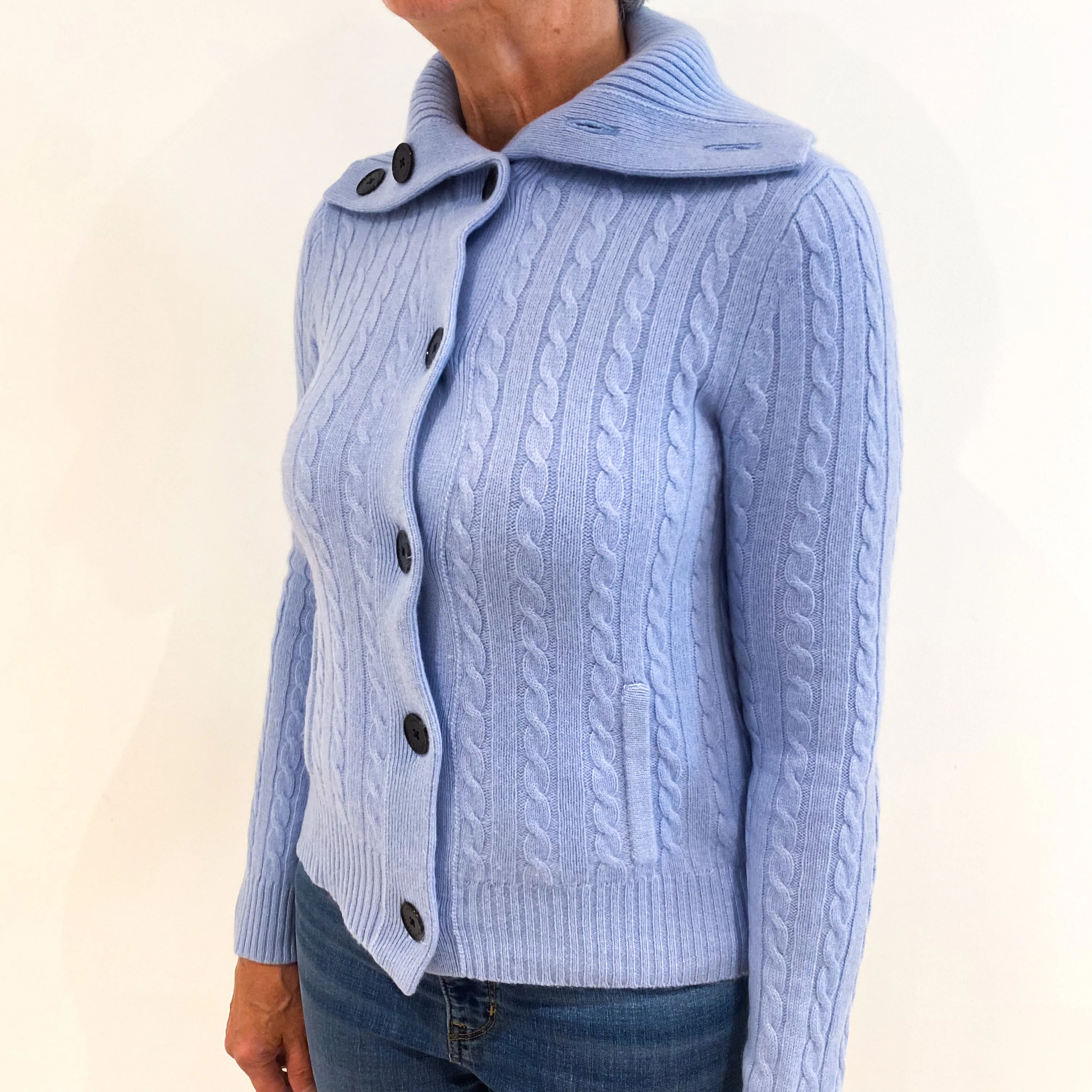 Ralph Lauren Cornflower Blue Chunky Cable Knit Cashmere Cardigan Medium