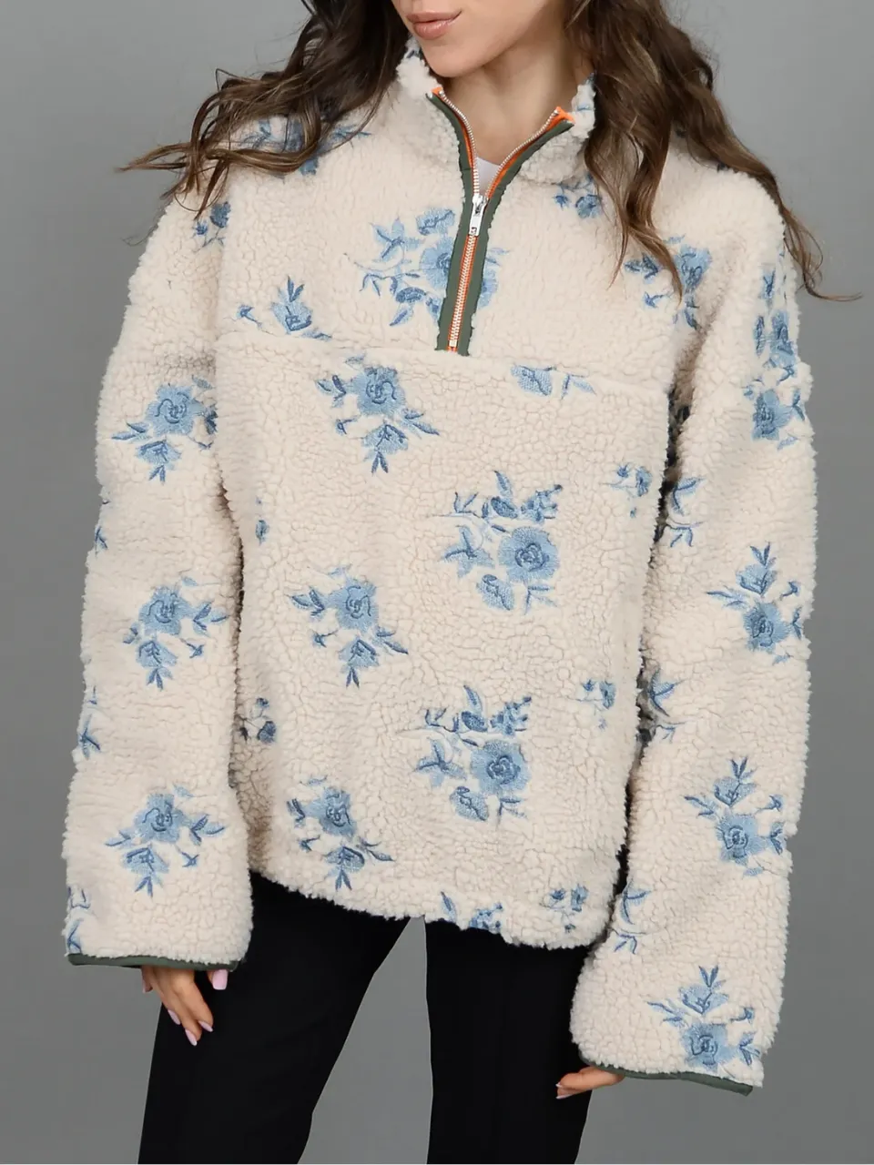 RD STYLE Half Zip Floral Sherpa Jacket